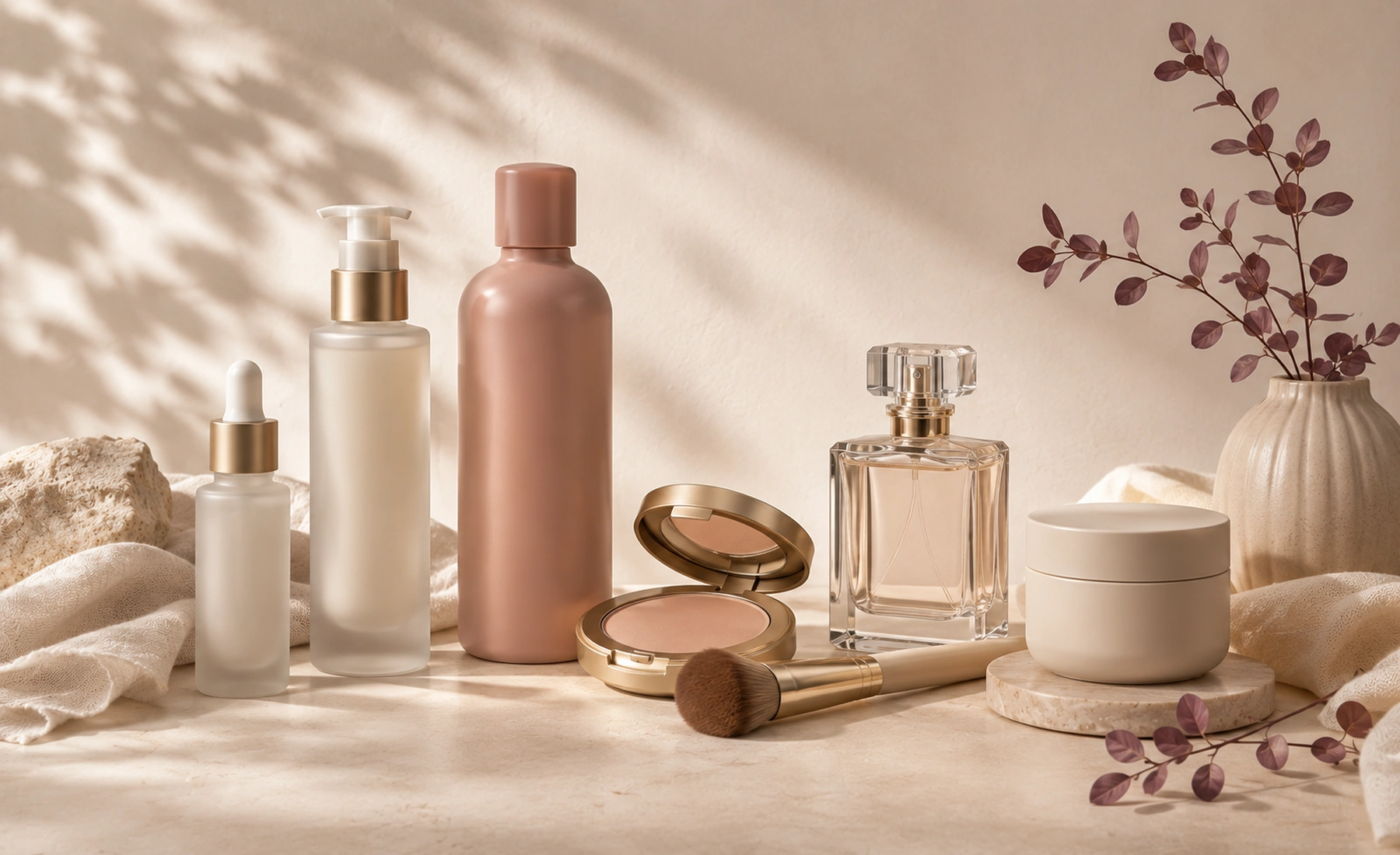 An editorial arrangement of unlabelled skincare, hair care, makeup, fragrance, and body-care product forms.
