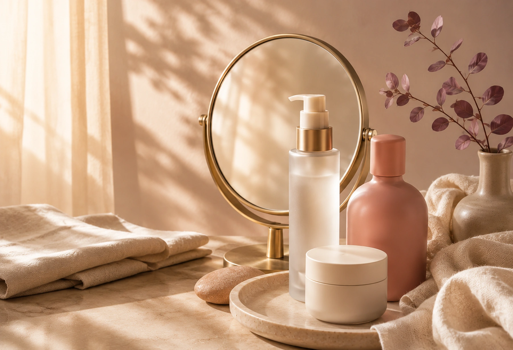 A warm vanity arrangement with an unlabelled mirror, beauty vessels, linen, ceramic, and botanical forms.