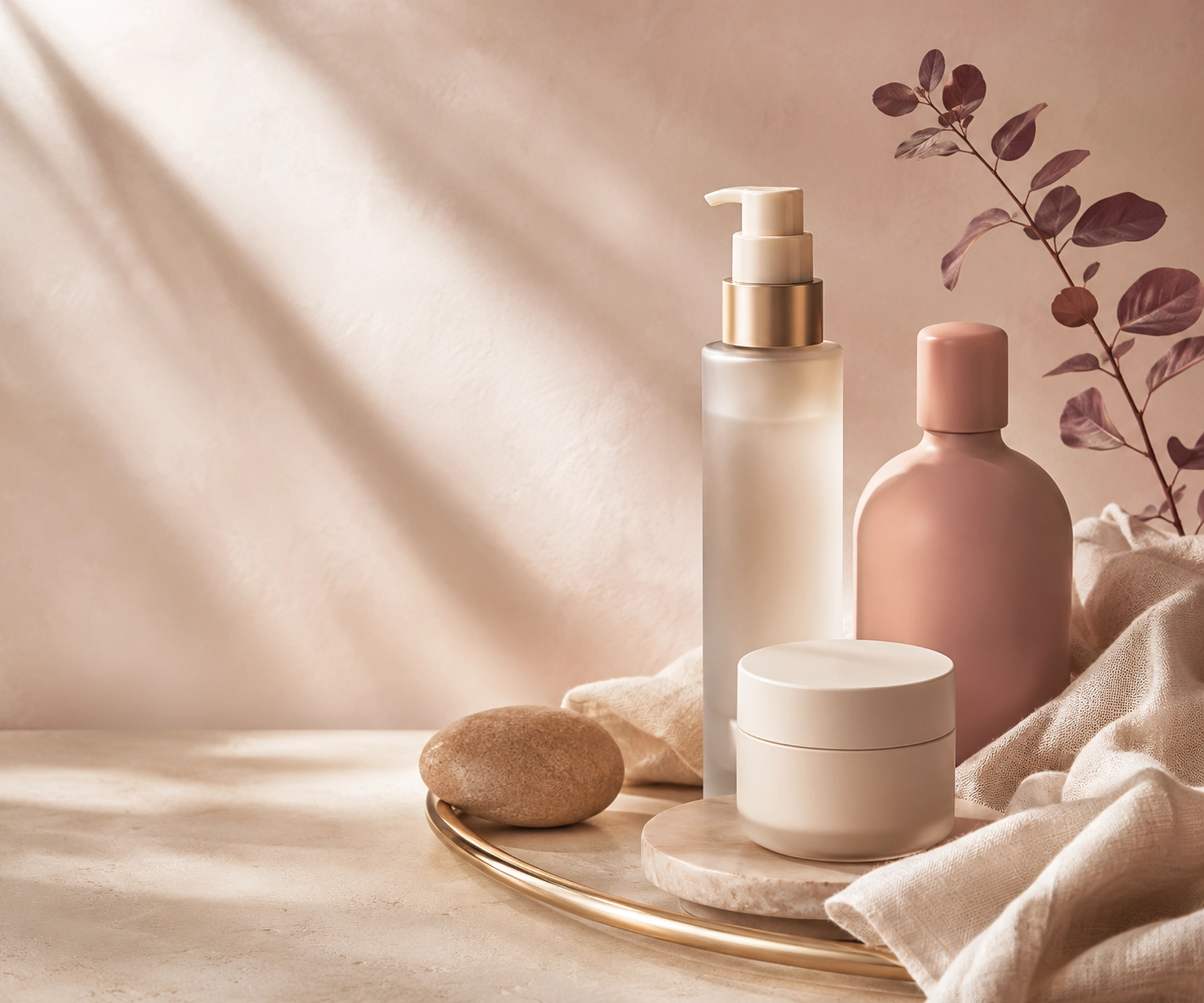 Unlabelled beauty vessels, linen, stone, and botanical forms arranged in a warm editorial still life.
