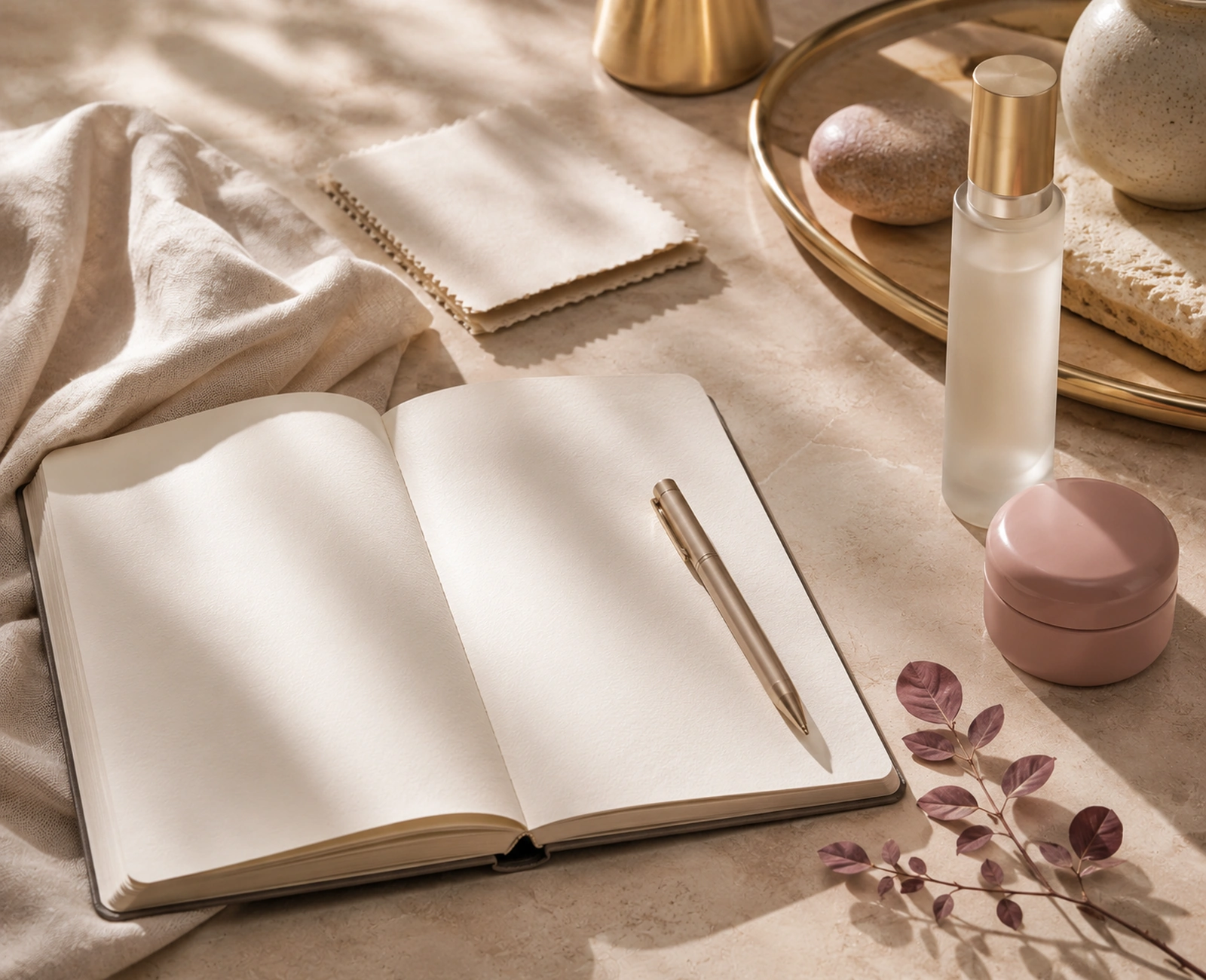 A blank editorial notebook with unlabelled beauty vessels, linen, stone, and a botanical sprig.