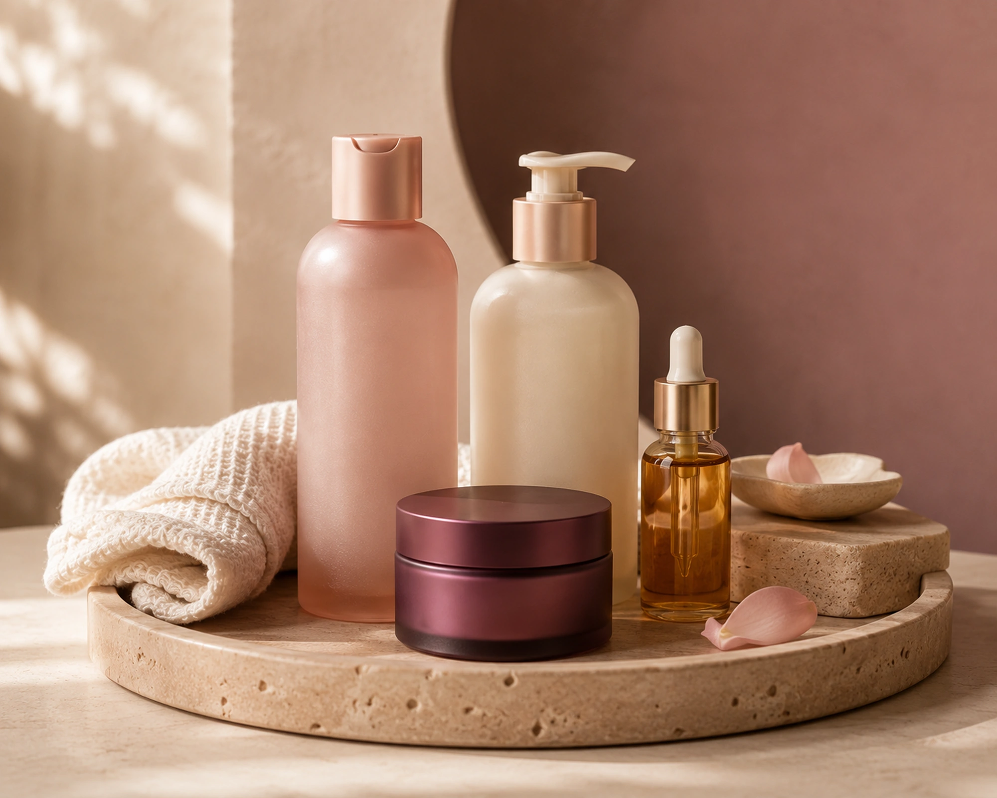 A cleanser, lotion, cream, oil, and cotton cloth arranged on a rounded body-care tray.
