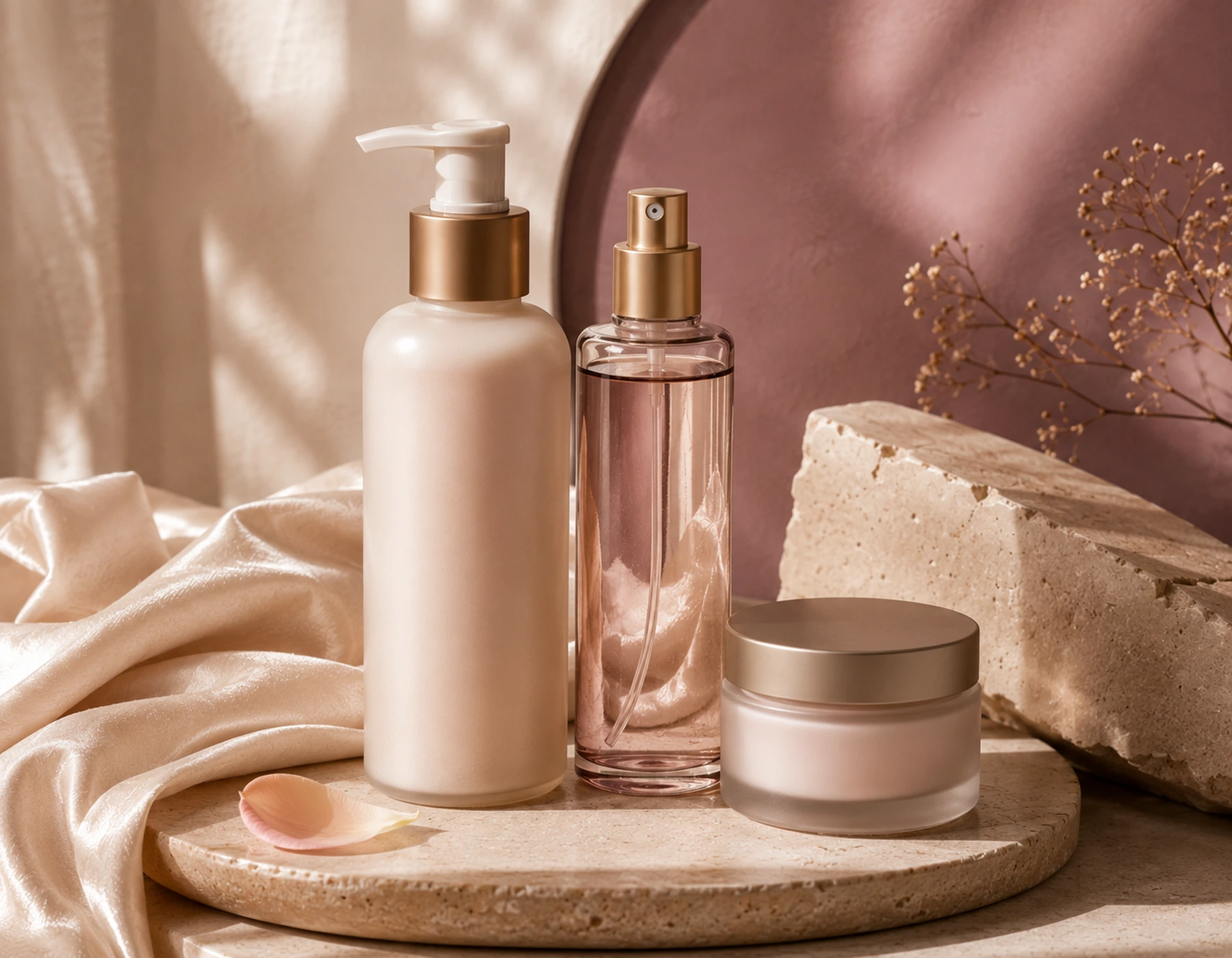 Unbranded body lotion, body mist, cream, and folded fabric in an editorial fragrance-layering still life.
