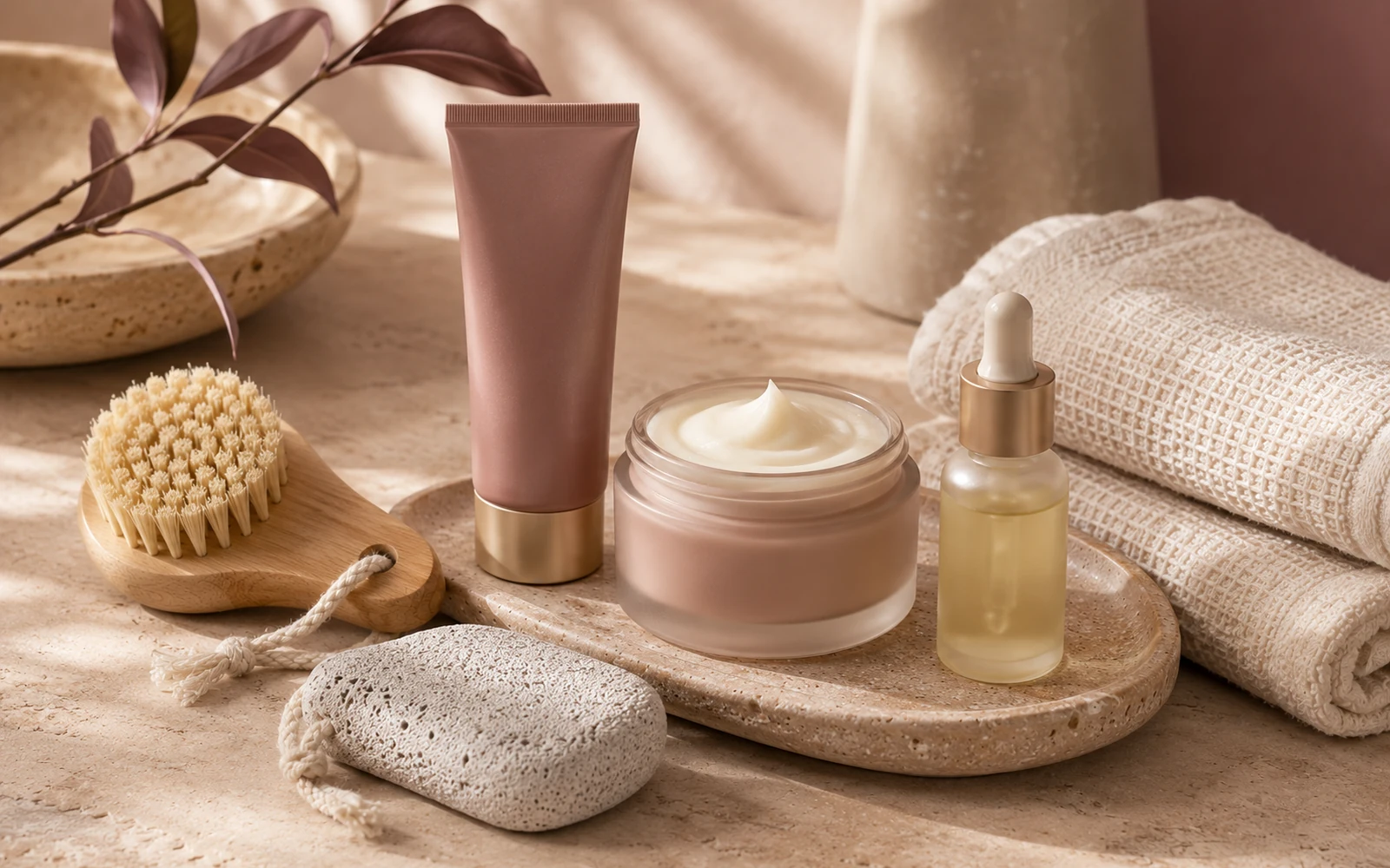 Hand cream, foot balm, nail brush, pumice stone, cuticle oil, and folded cloth.