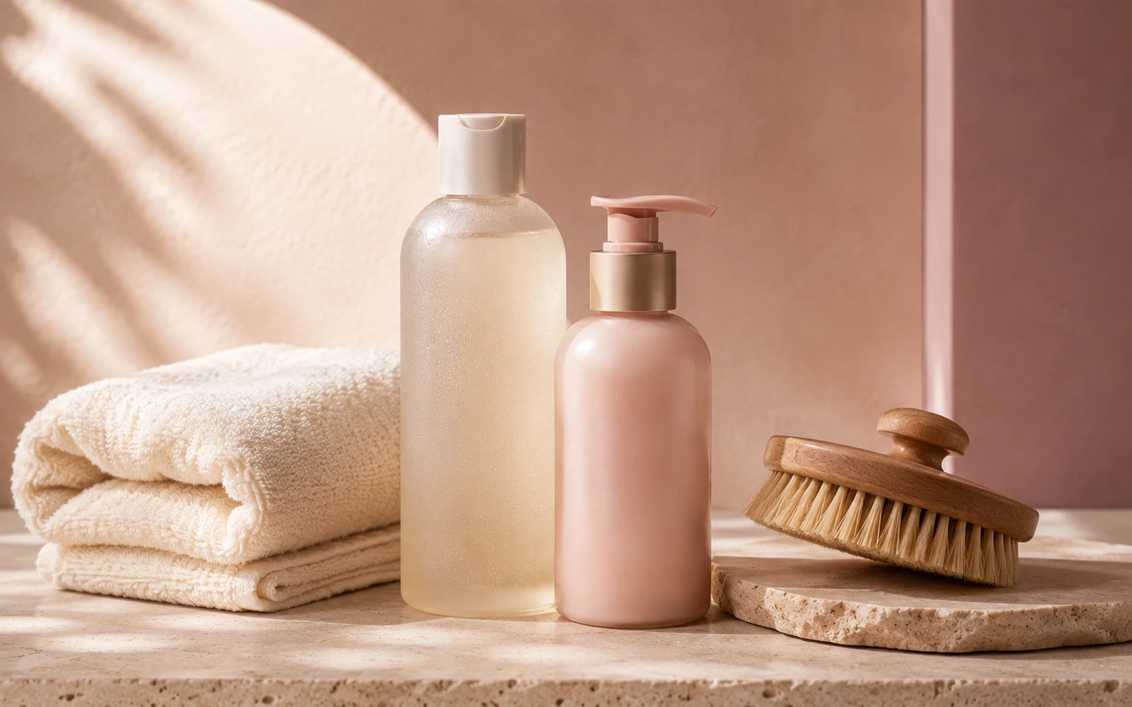 A simple body-care routine with cleanser, lotion, towel, and wooden brush.