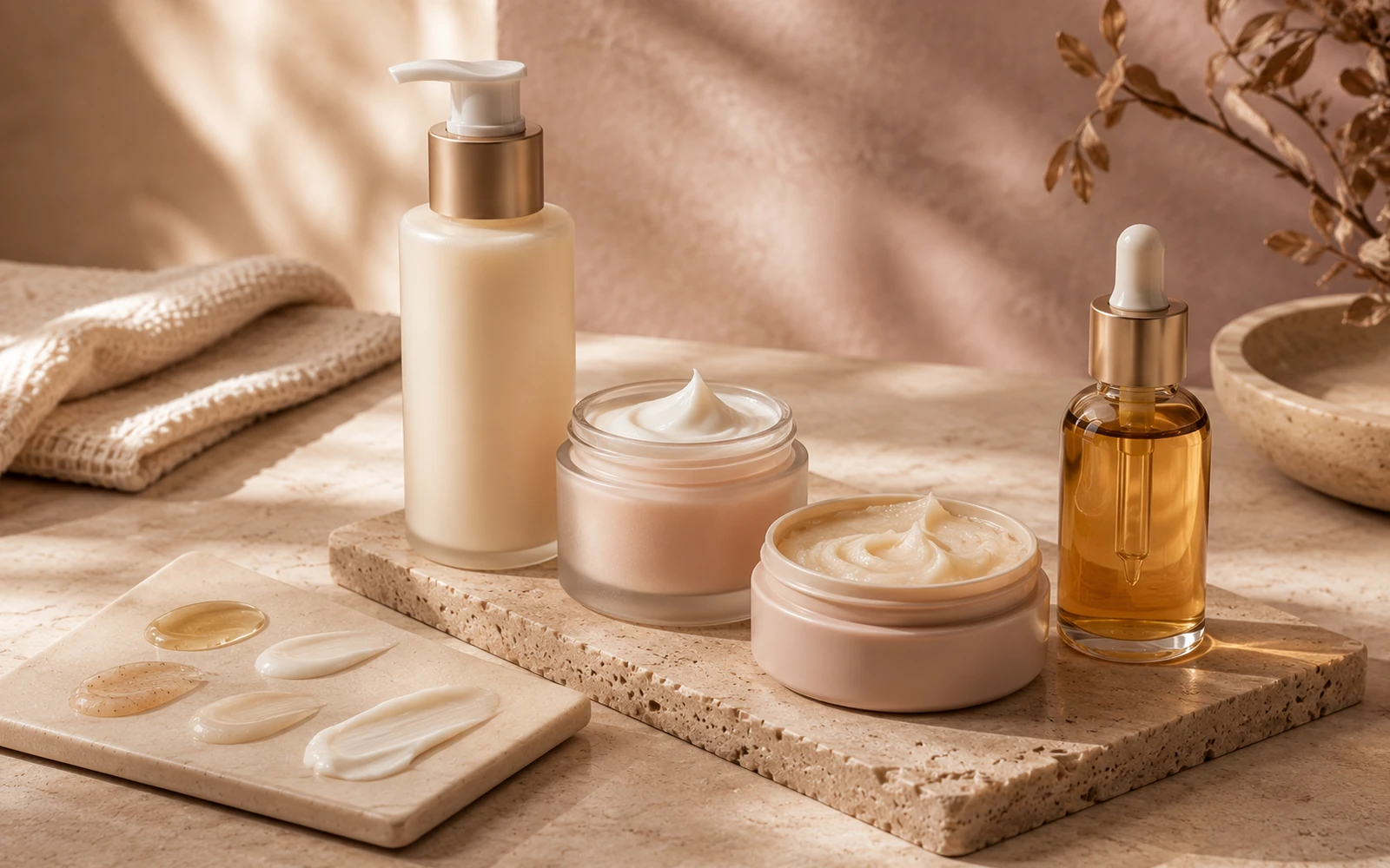 Unbranded lotion, cream, body butter, and oil arranged for a texture comparison.