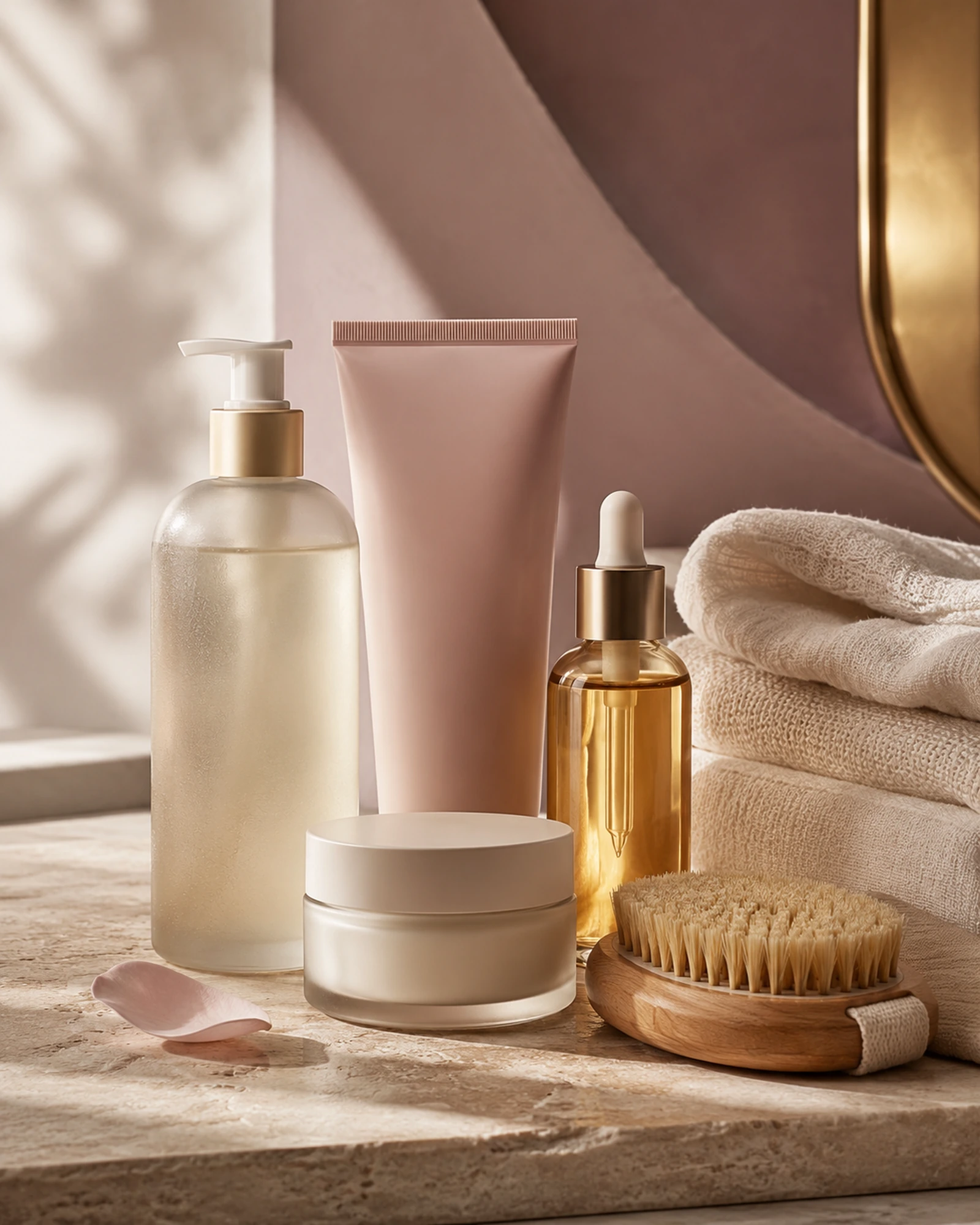 Unbranded body cleanser, lotion, cream, oil, brush, and folded linen arranged in a soft editorial still life.