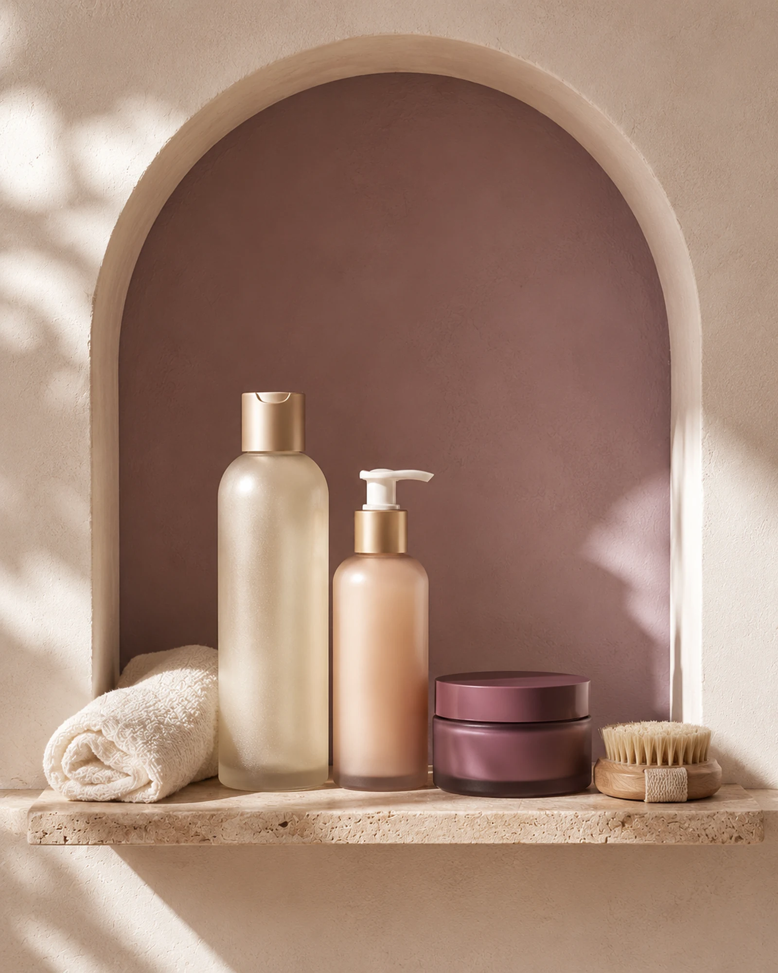 Three unbranded body-care products arranged on a shelf inside a softly arched niche.