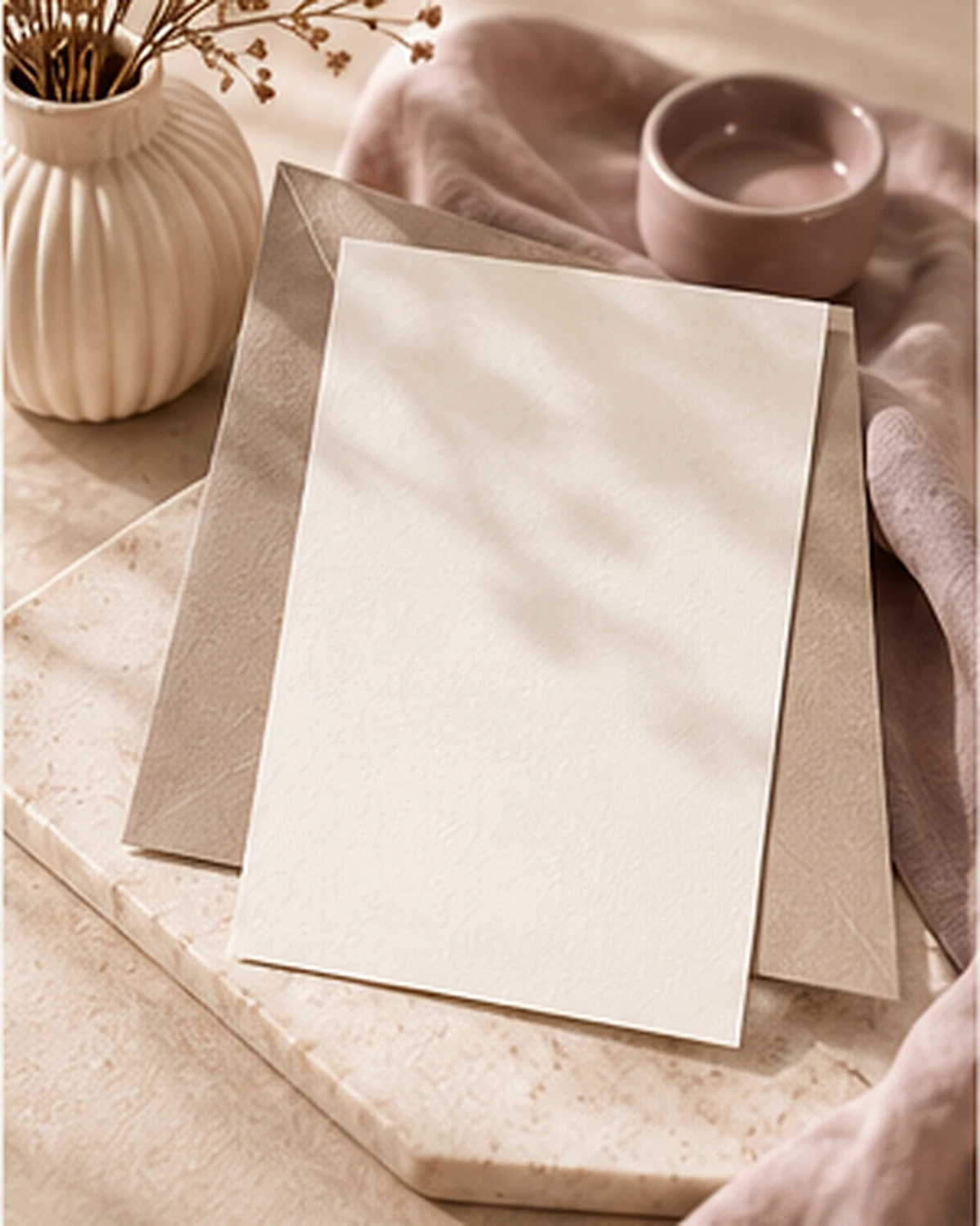 Blank ivory correspondence cards arranged with linen, stone, and ceramic accents in soft natural light.