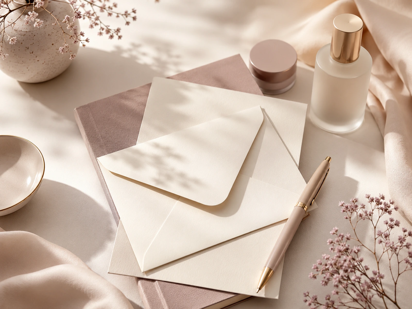 Ivory correspondence stationery, an envelope, a pen, and unlabelled beauty vessels arranged in soft natural light.