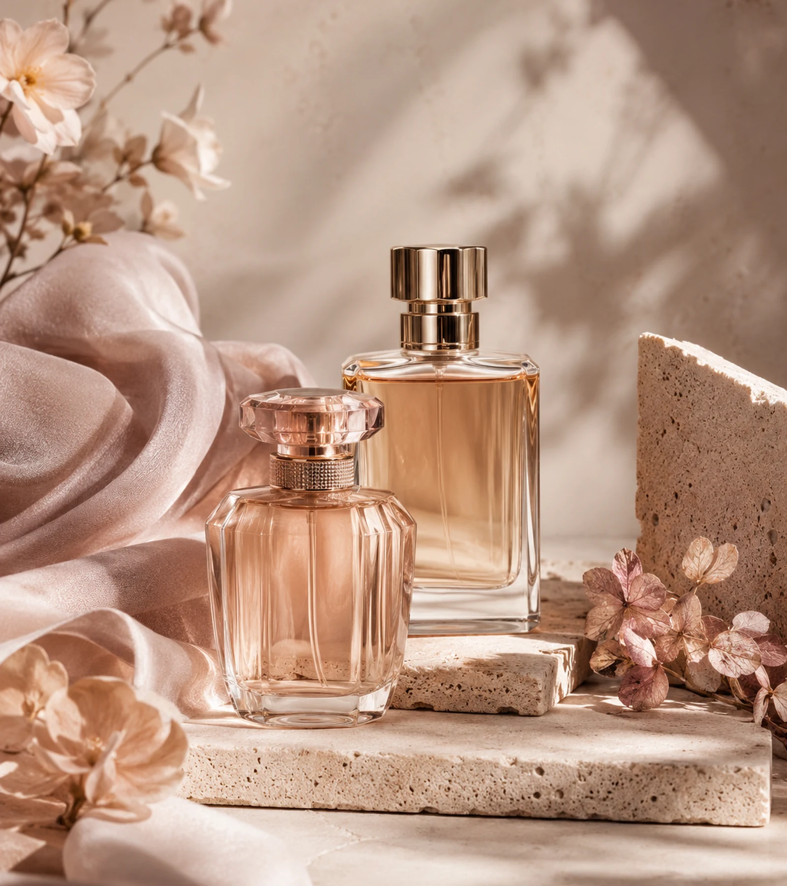 Two unlabelled fragrance bottles with refined stone, soft fabric, and subtle botanical styling.