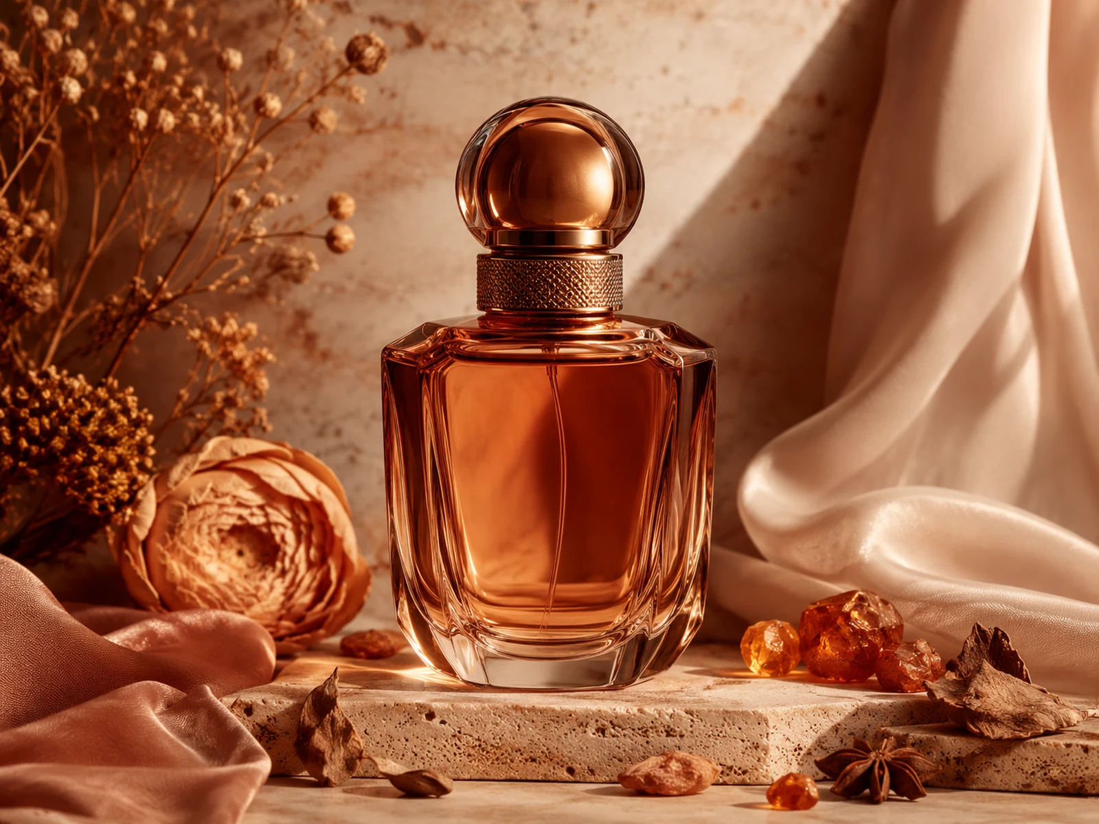 Unlabelled amber fragrance bottle with warm copper and resin-like styling.