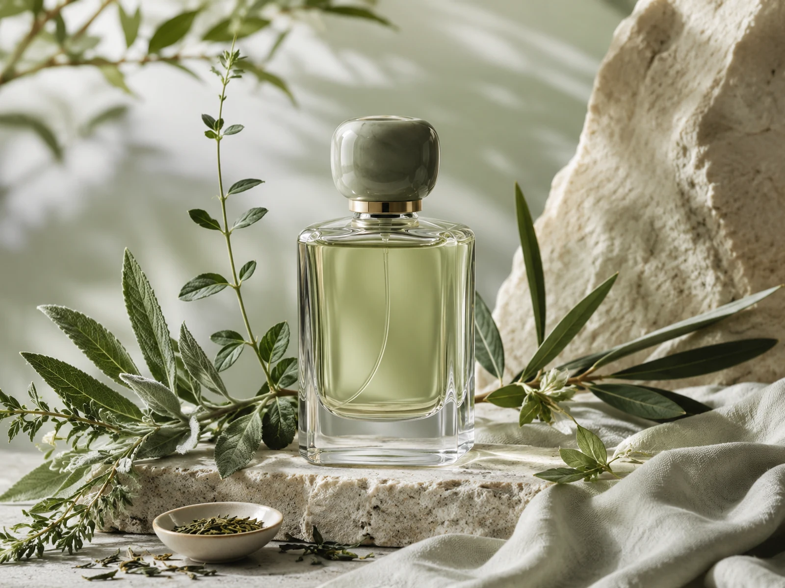 Unlabelled fragrance bottle with herbs, leafy stems, and muted green botanical styling.