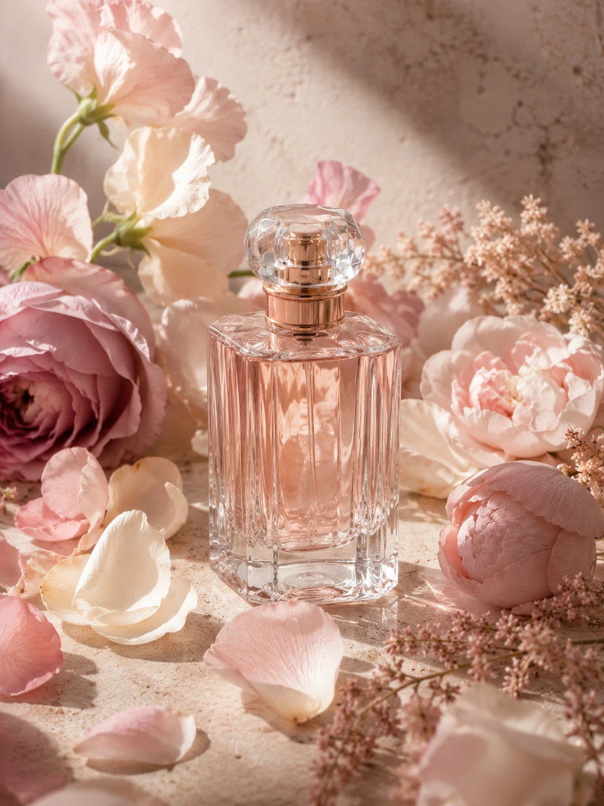 Unlabelled fragrance bottle surrounded by soft blush and mauve flowers.