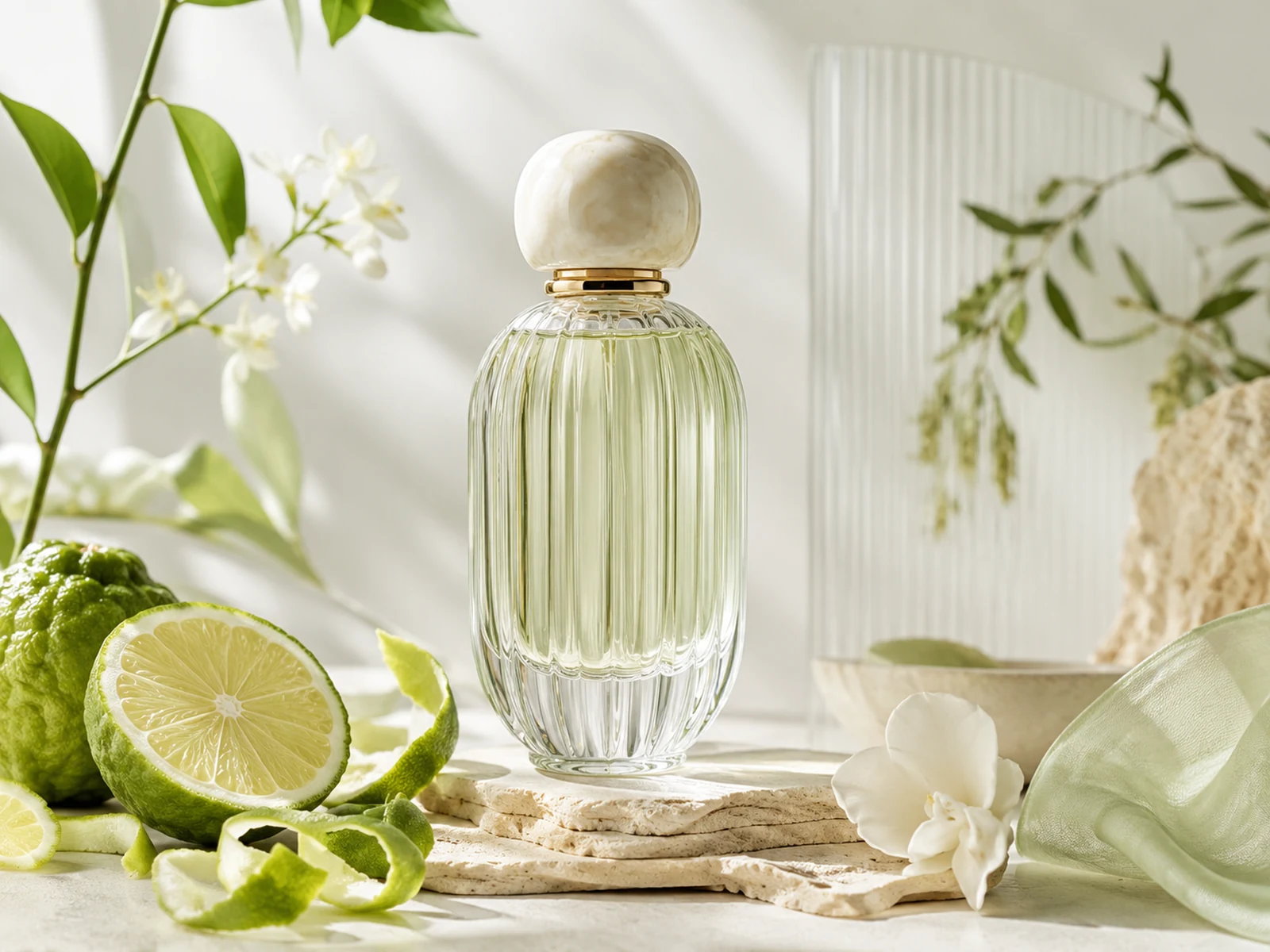 Unlabelled fragrance bottle with citrus peel, pale green leaves, and dewy glass styling.