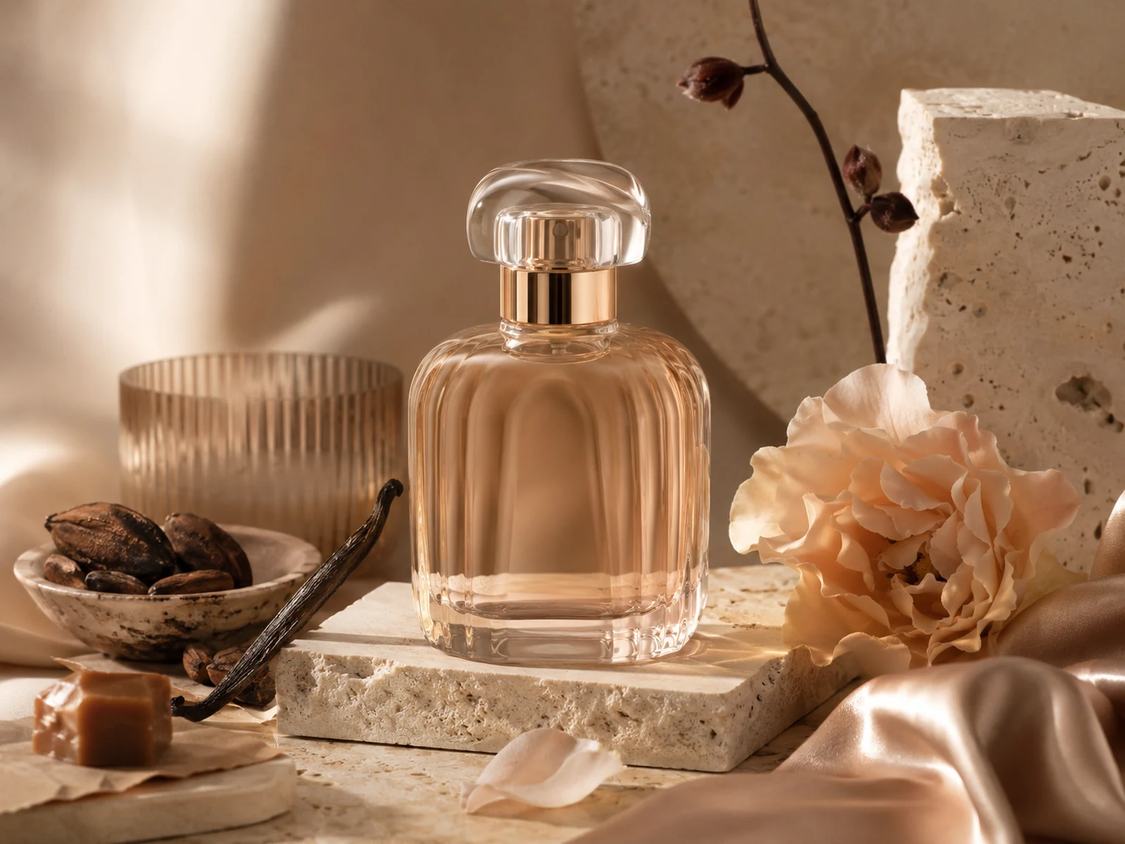 Unlabelled fragrance bottle with vanilla, cocoa, cream, and caramel-toned styling.
