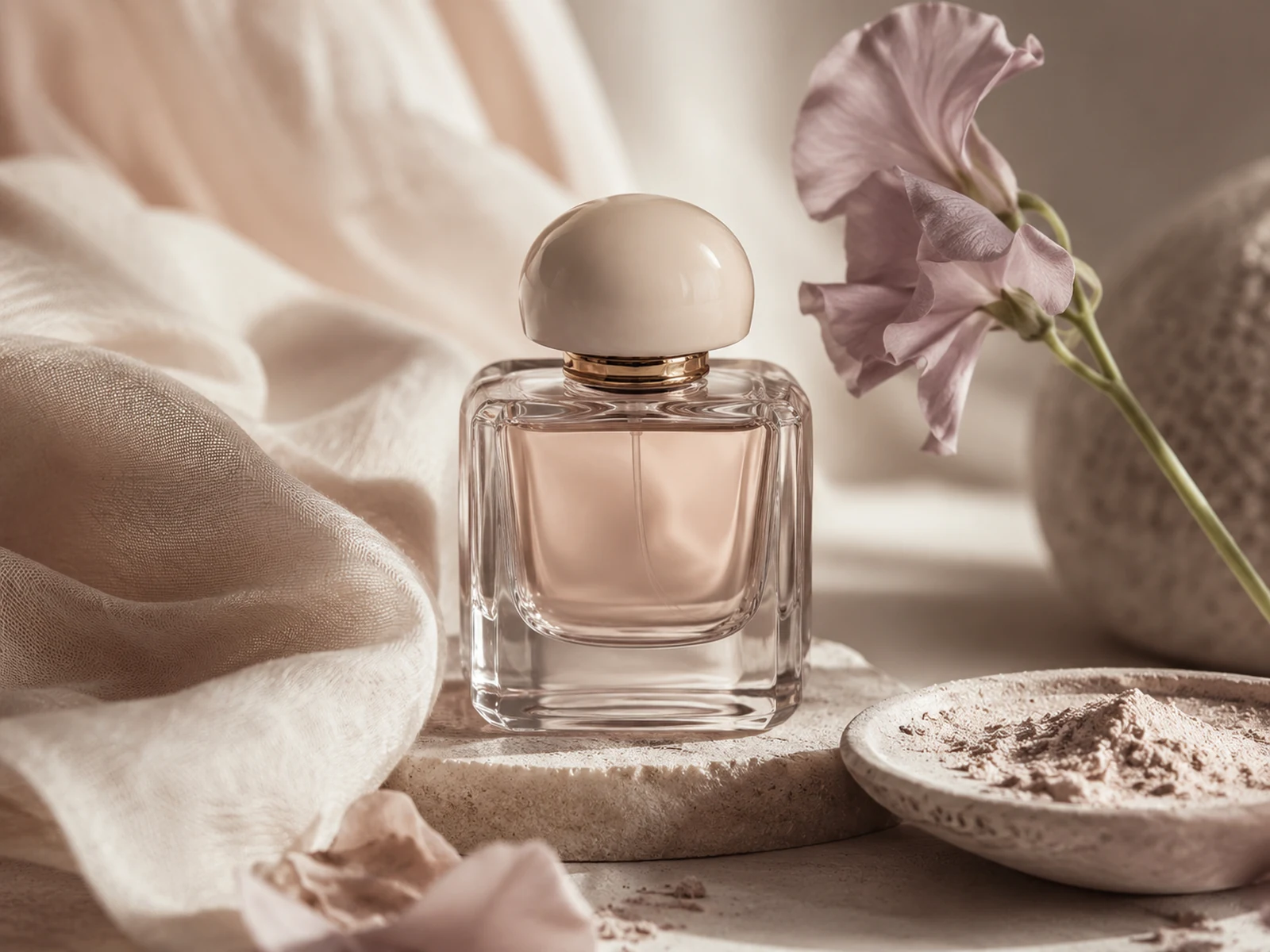 Unlabelled fragrance bottle with soft linen, ivory, taupe, and powdery textures.