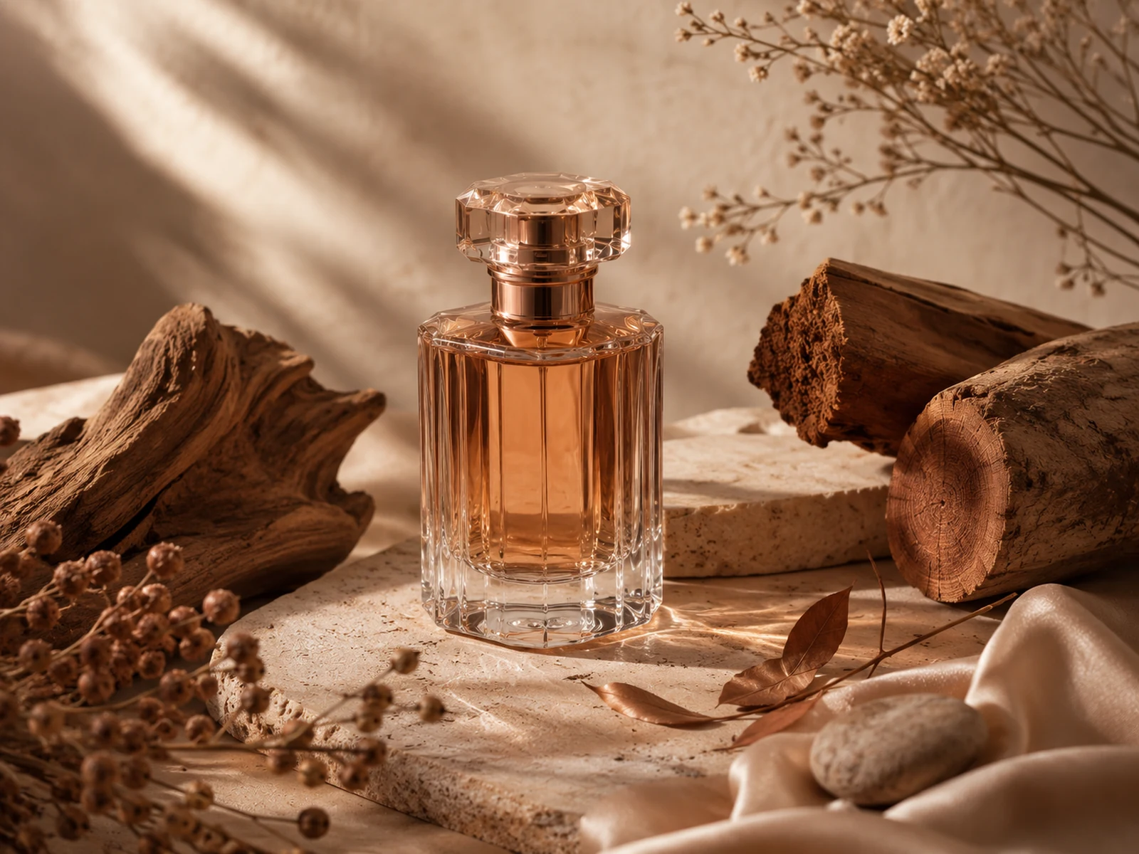 Unlabelled fragrance bottle with refined warm wood, stone, and dried botanical textures.