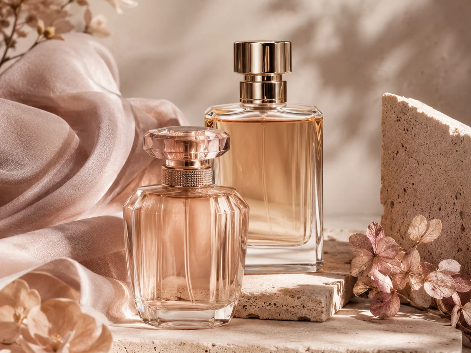 Premium unlabelled fragrance bottles arranged in a calm ivory, blush, and champagne still life.
