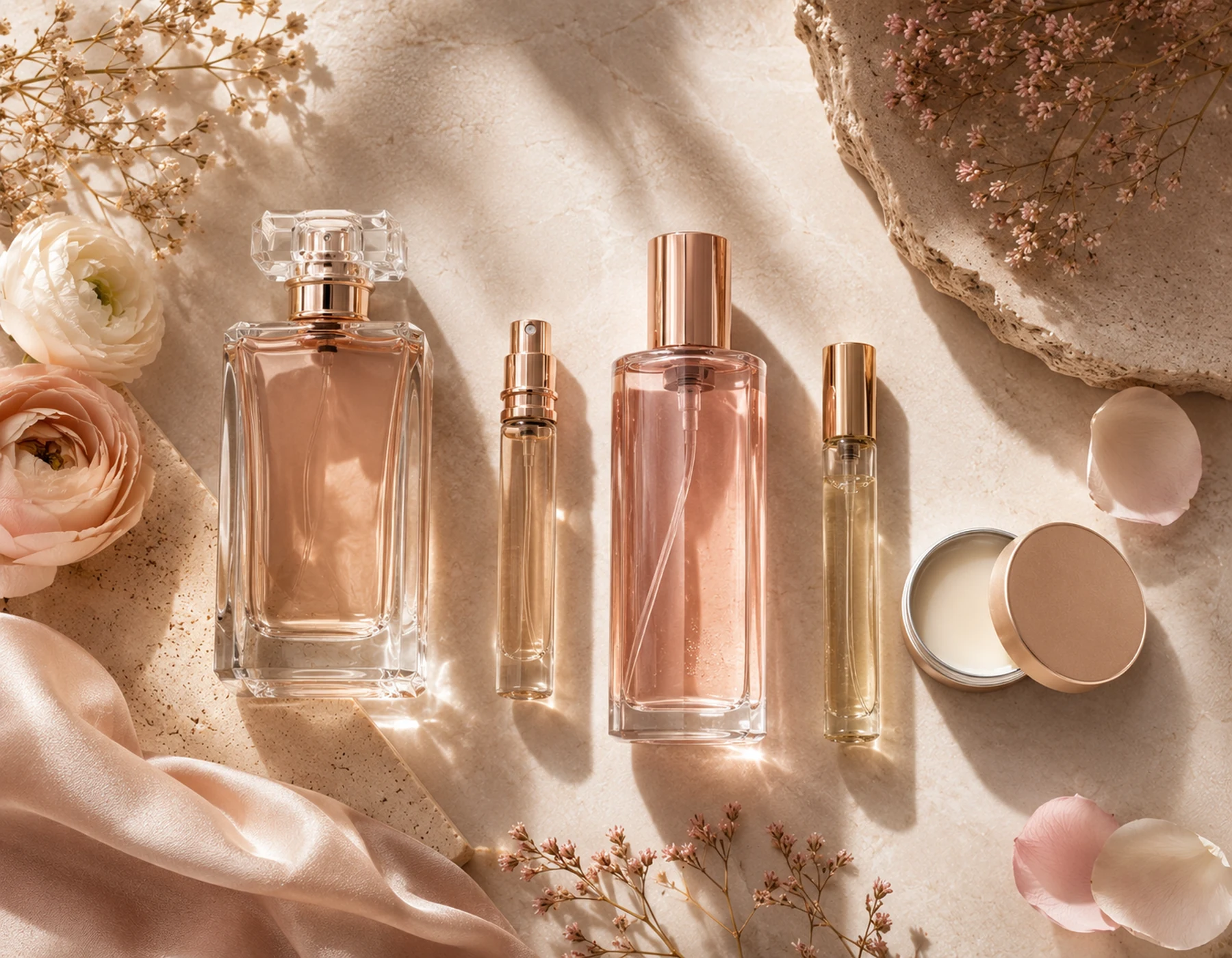 Unlabelled perfume spray, travel atomizer, mist, oil, and solid fragrance formats in a structured flat lay.