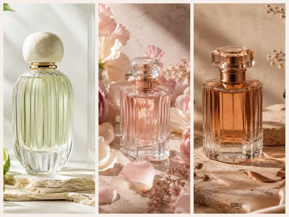 Editorial collage representing fresh, floral, warm, and woody fragrance directions.