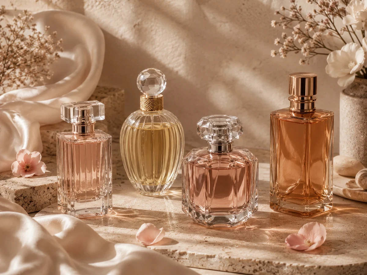 Curated collection of unlabelled fragrance bottles arranged by wardrobe role.