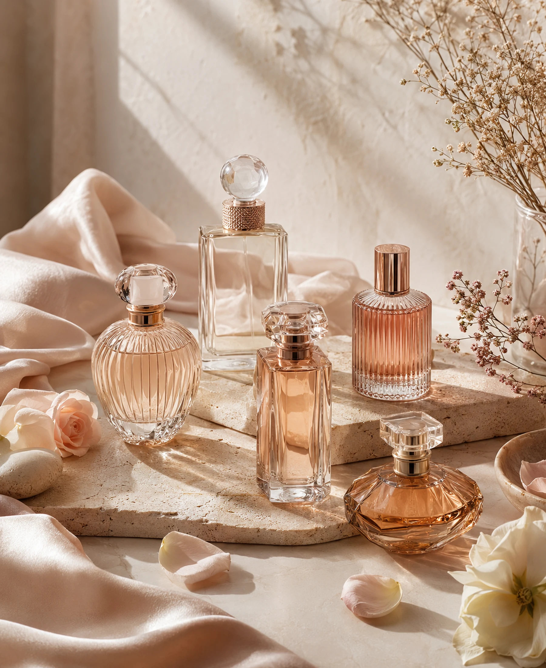 Premium unlabelled fragrance bottles styled with soft silk, warm stone, petals, and botanical details.