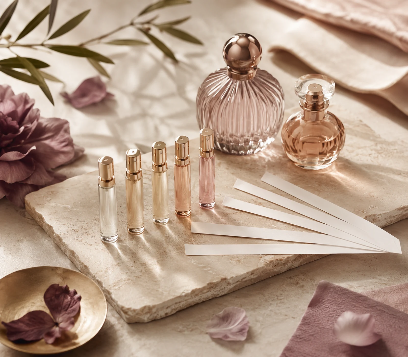 Unlabelled fragrance samples, blank blotter strips, and perfume bottles arranged for careful comparison.