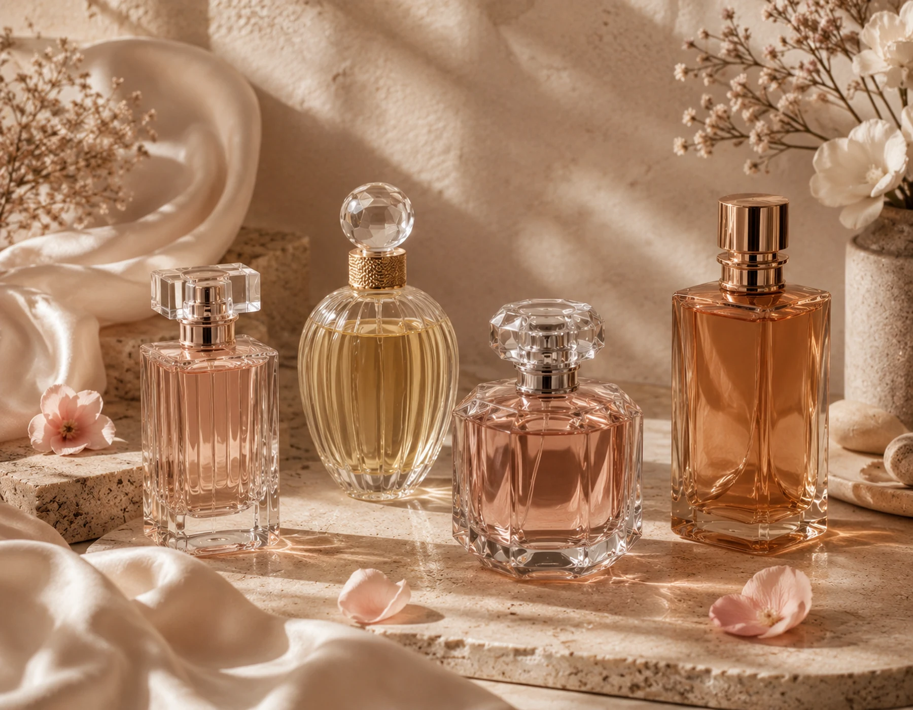 Four unlabelled fragrance bottles arranged as a small, role-based wardrobe.