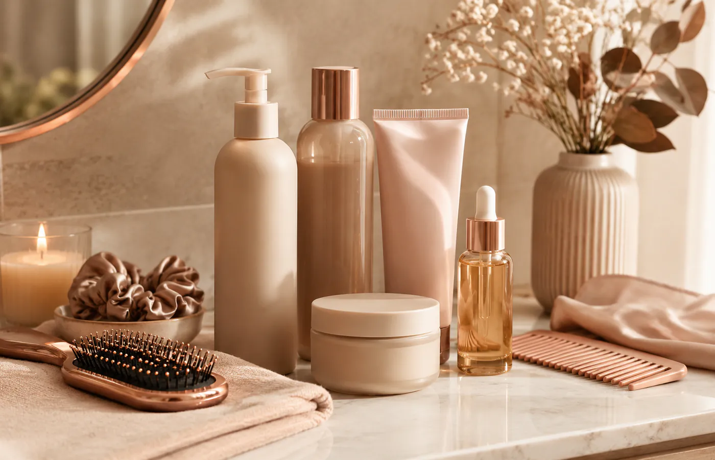 A warm vanity arrangement of unlabelled hair-care products, styling tools, and soft textiles.