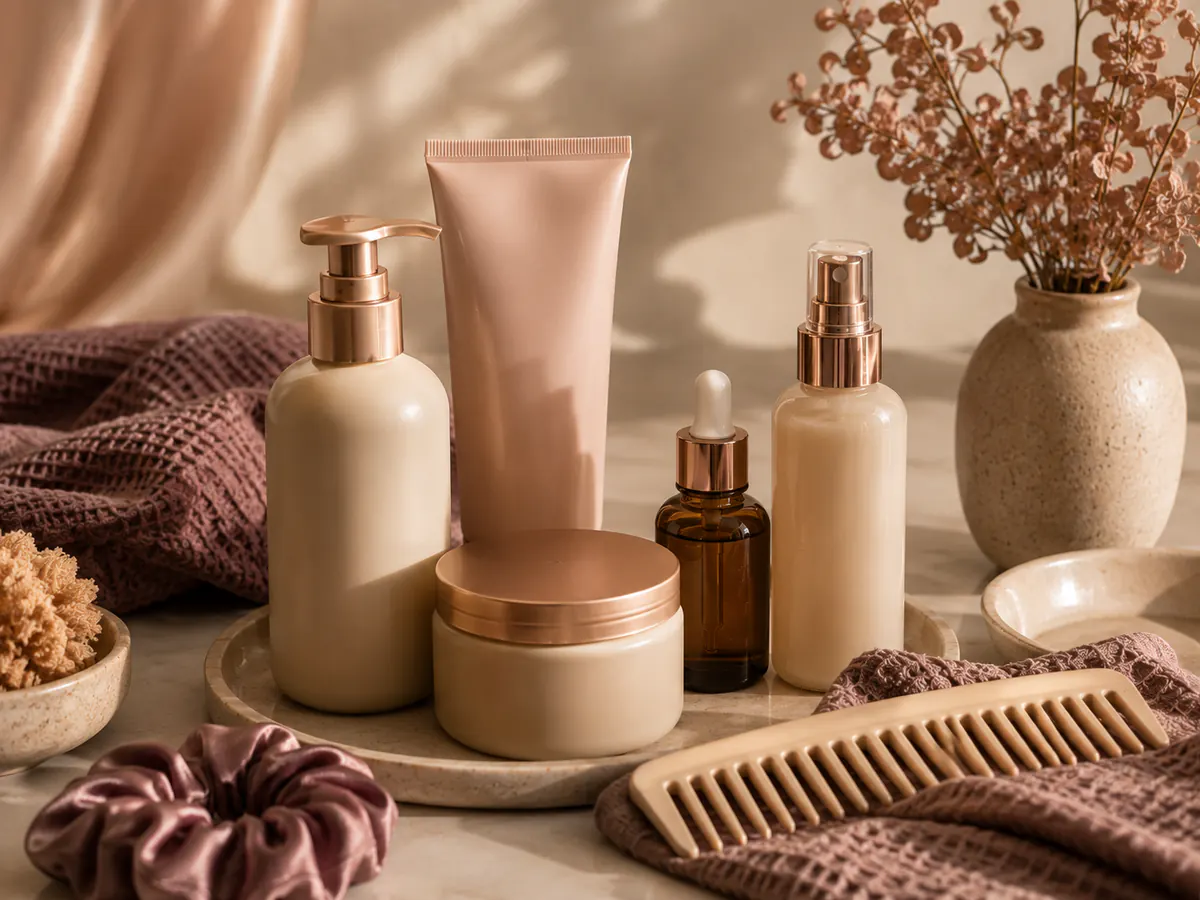 Moisture-rich unlabelled hair-care products with a wide-tooth comb and soft textiles.