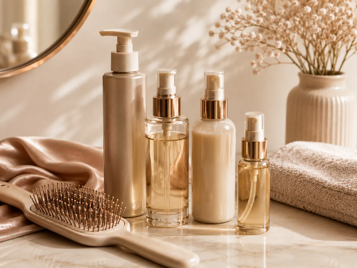 Unlabelled styling products and a hair brush arranged for a frizz-support guide.