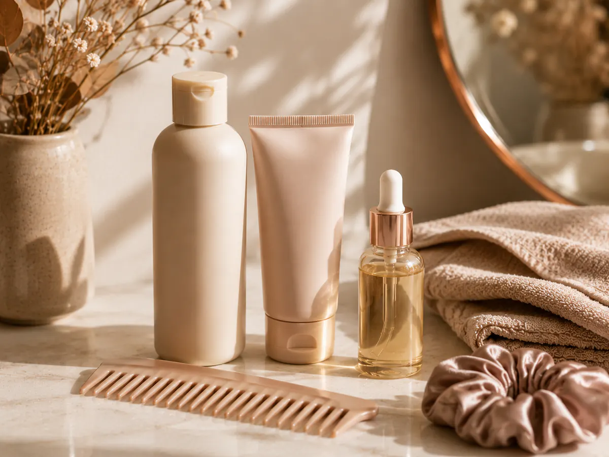 A small selection of unlabelled hair-care products for a simple routine.