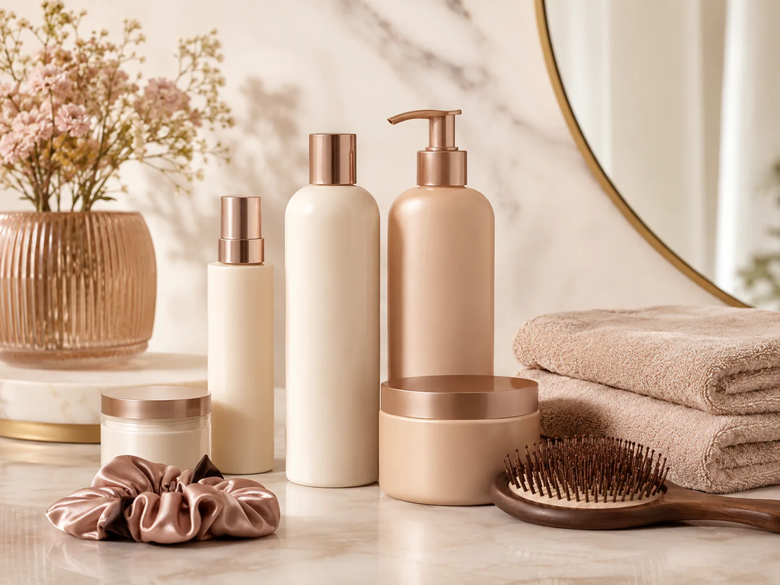 Premium unlabelled hair-care products, a brush, satin scrunchies, and folded towels on a refined vanity.