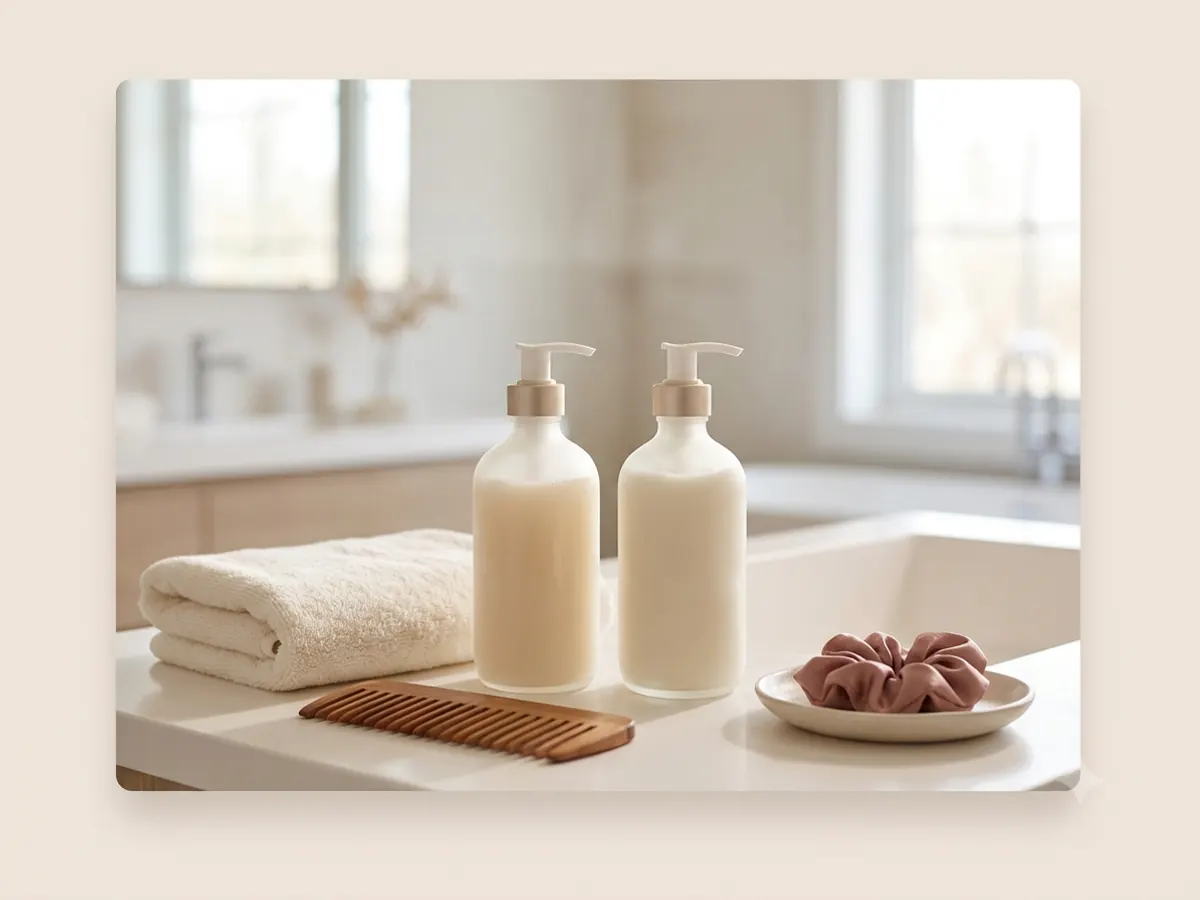 Unlabelled shampoo and conditioner products arranged for an organized wash-day routine.