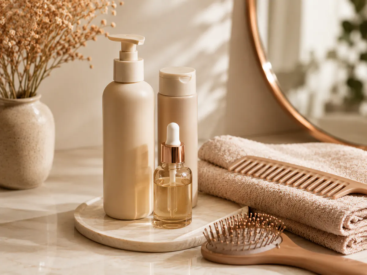 A minimal selection of unlabelled hair-care products with a brush and towel.