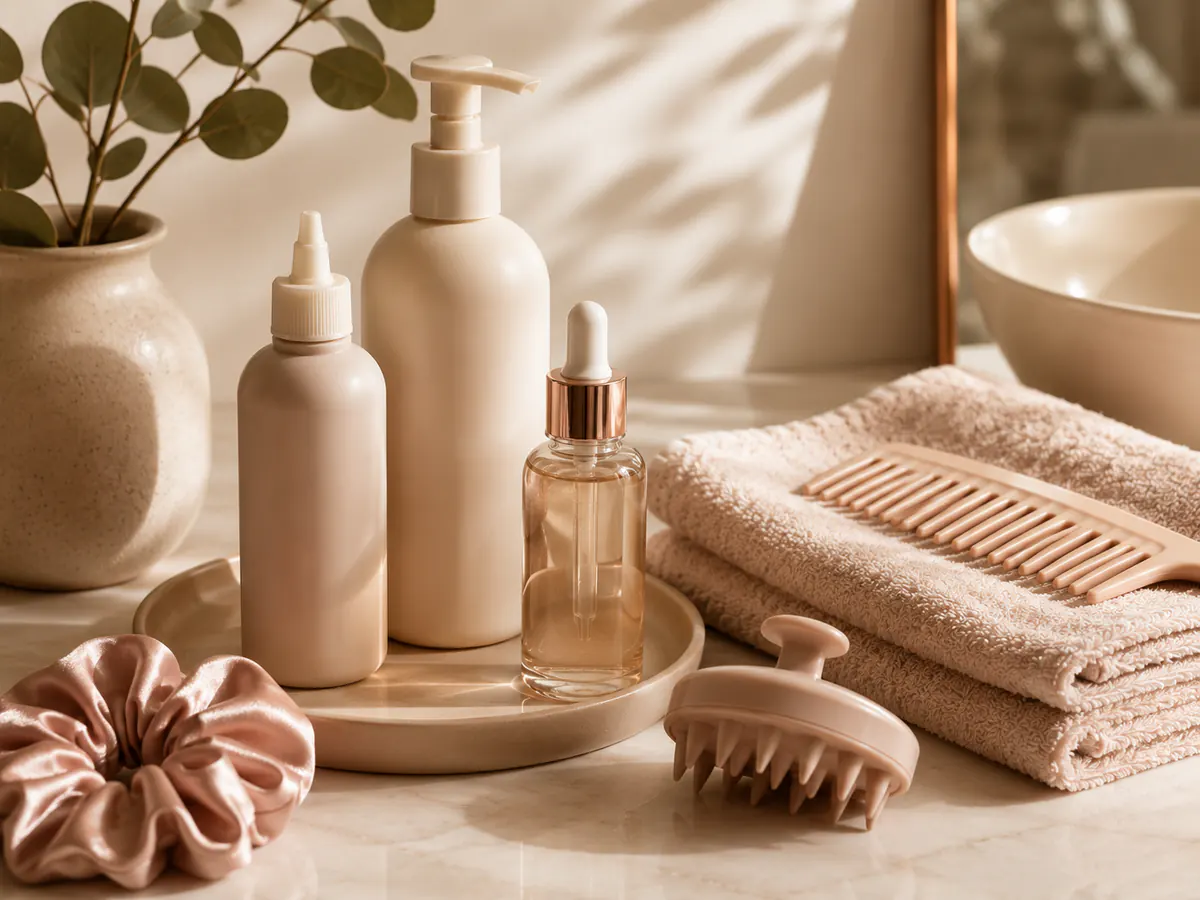 Gentle-looking unlabelled hair-care products, a towel, and a scalp brush.