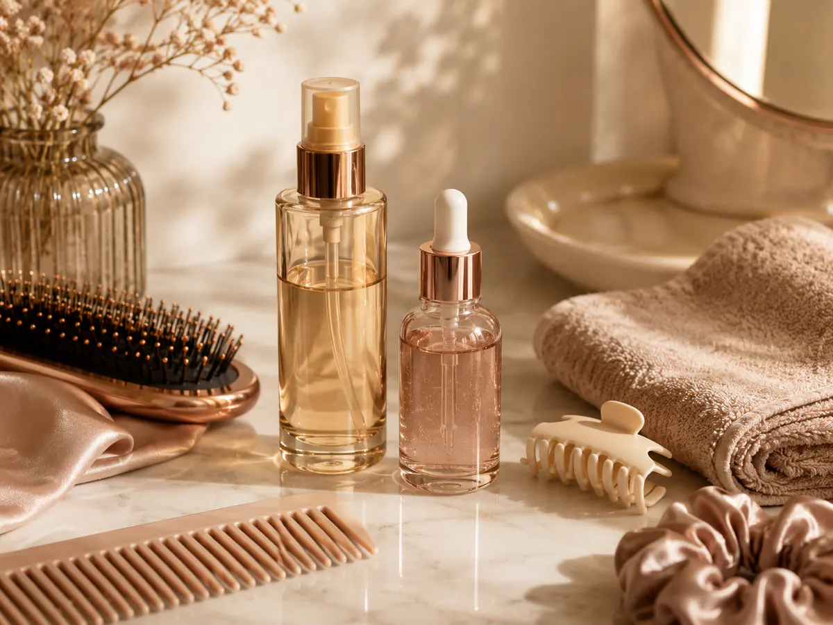 Unlabelled hair oils and styling tools arranged for a polished finish.