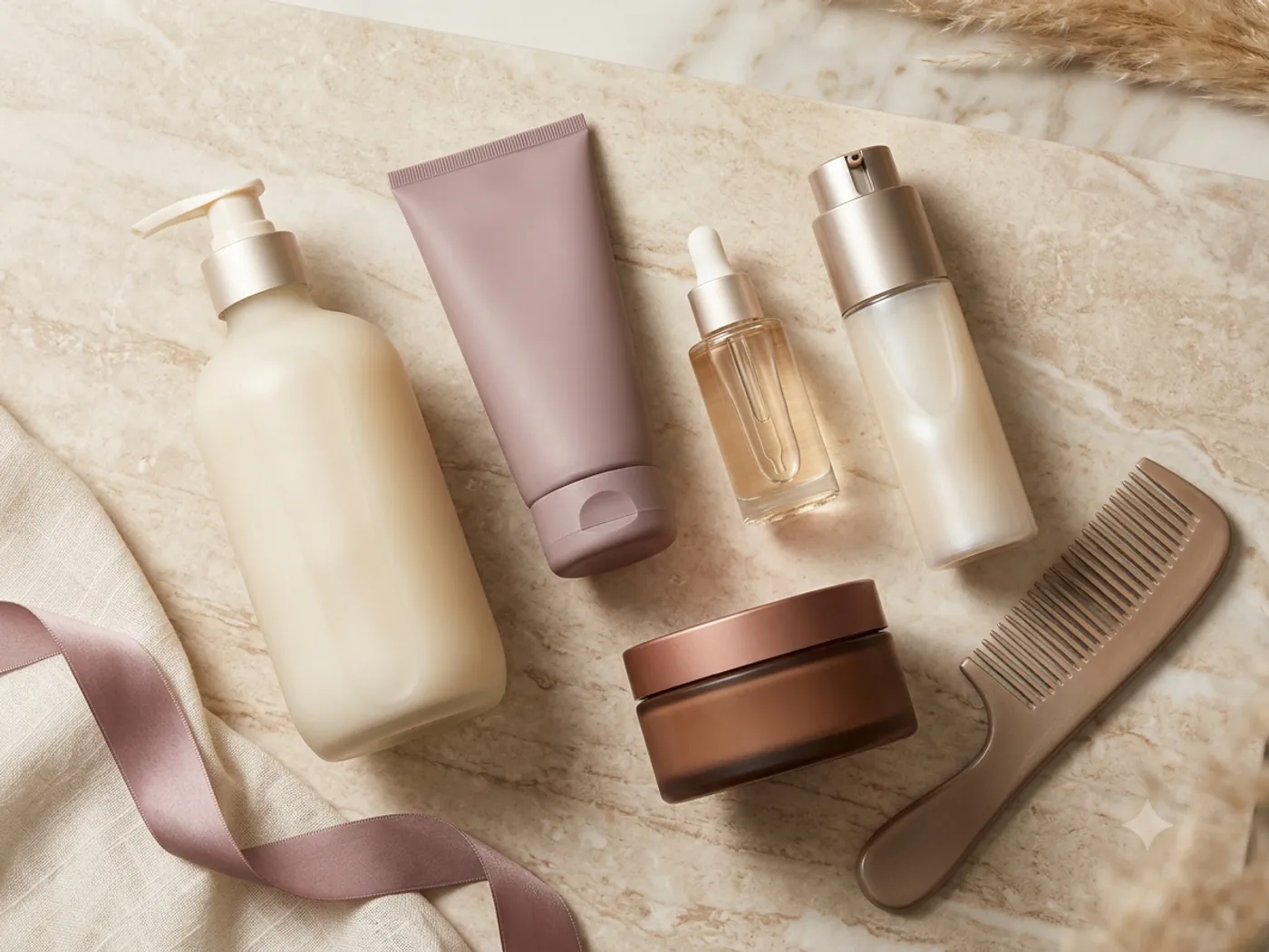 Different unlabelled hair-care product formats arranged to represent shampoo, conditioner, mask, leave-in, and oil roles.