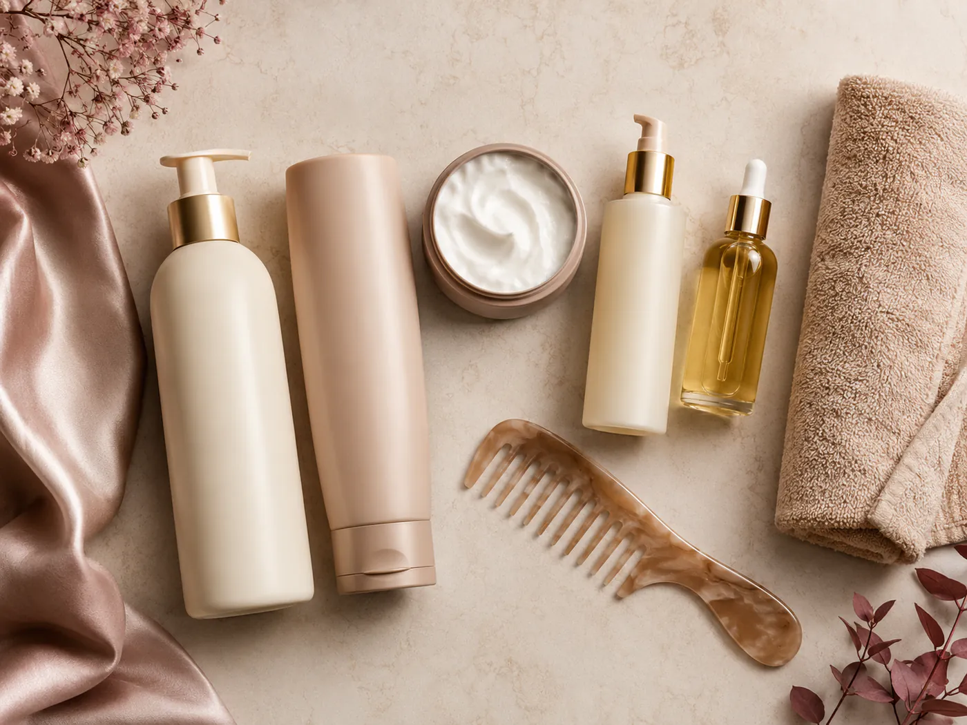 A flat lay of unlabelled shampoo, conditioner, mask, leave-in, oil, comb, and towel arranged by routine role.