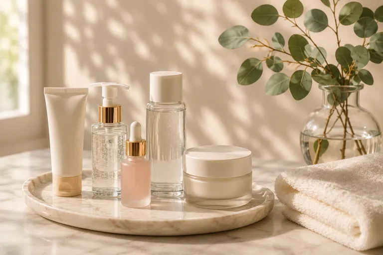 Morning skincare products arranged for a simple routine