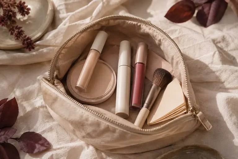 Everyday makeup bag essentials arranged for a polished routine
