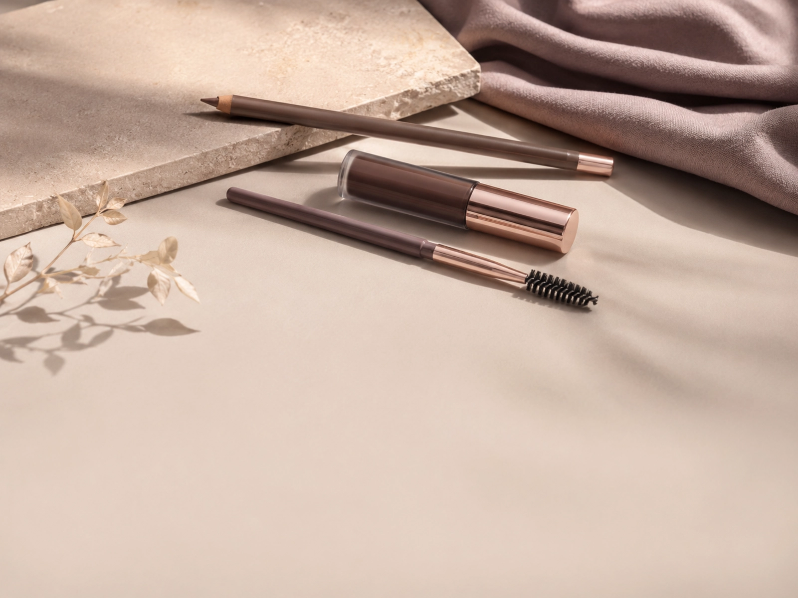 Unbranded brow pencil, spoolie, and brow gel styled on a soft ivory surface.