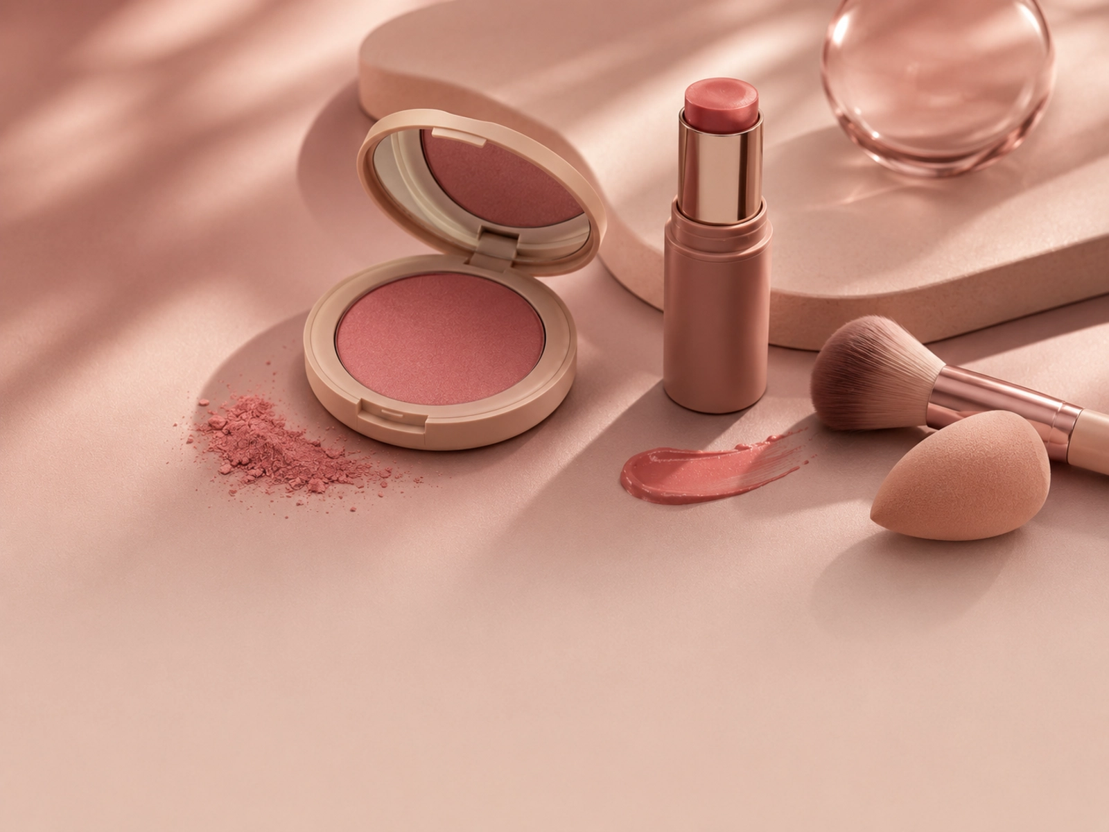 Muted blush compacts and cream color products presented in a premium editorial layout.