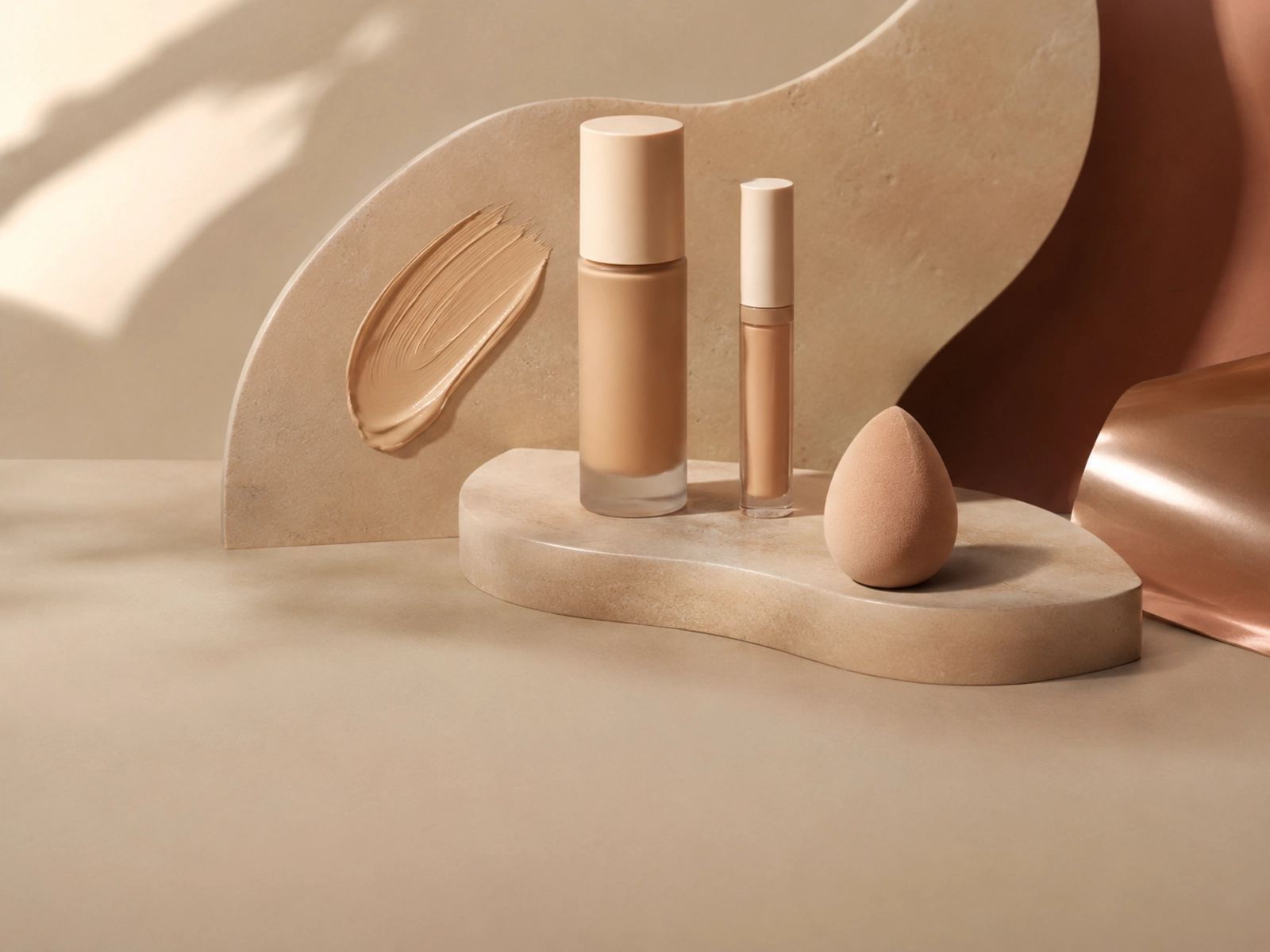 Editorial still life of complexion products and brushes in warm neutral tones.