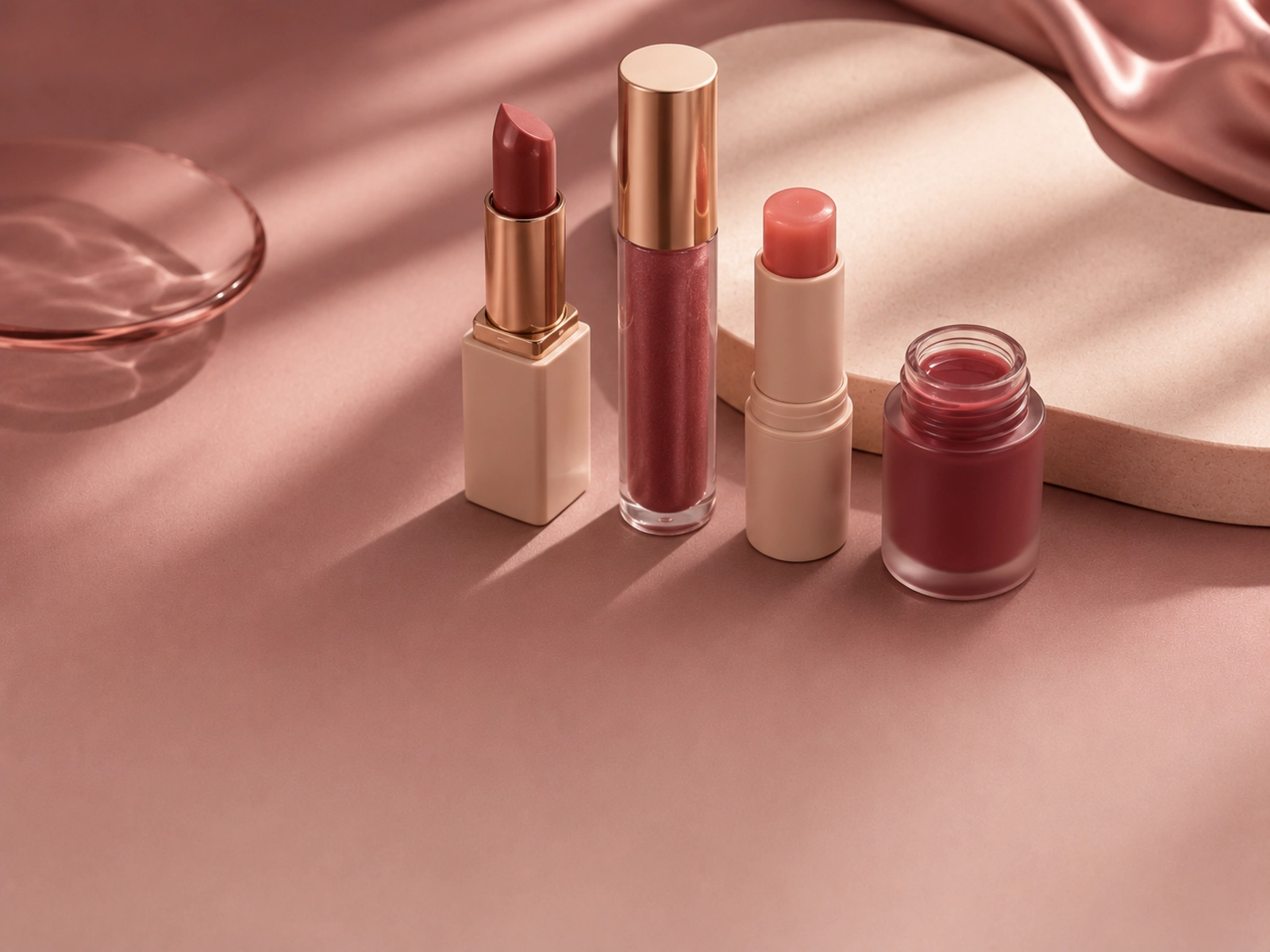 Unbranded lip products in soft rose, mauve, and cocoa tones on a pearl backdrop.