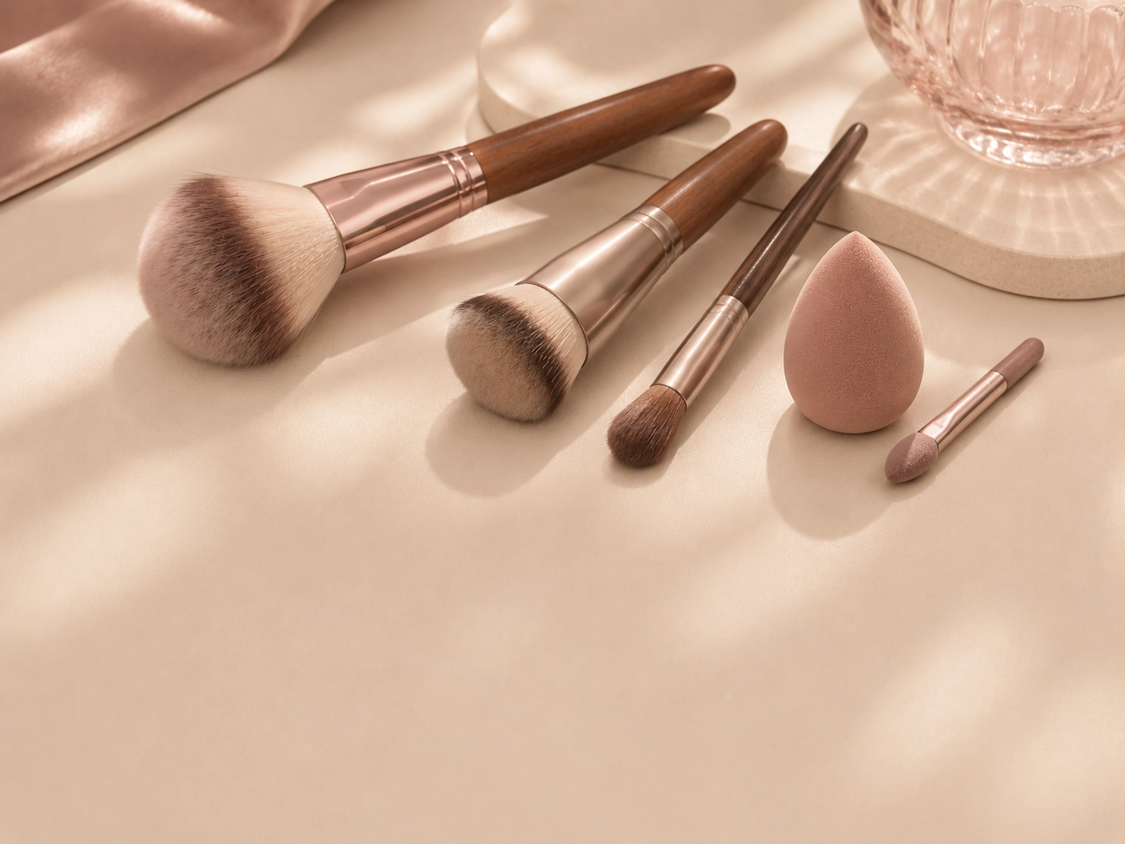 Brushes, sponge, and compact tools arranged neatly in soft beige and plum tones.