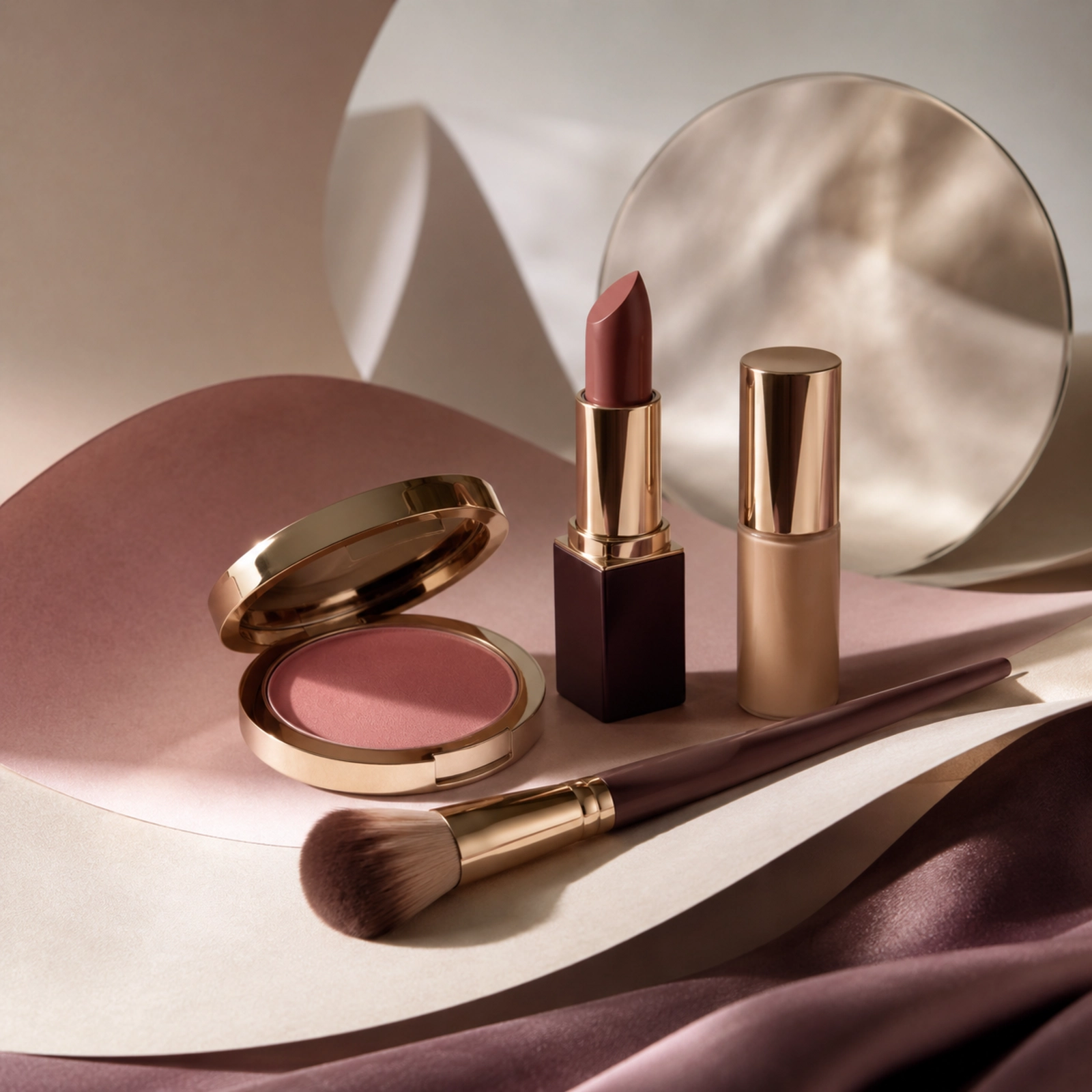 Curated makeup bag essentials with brushes, compact products, and soft neutral tones.