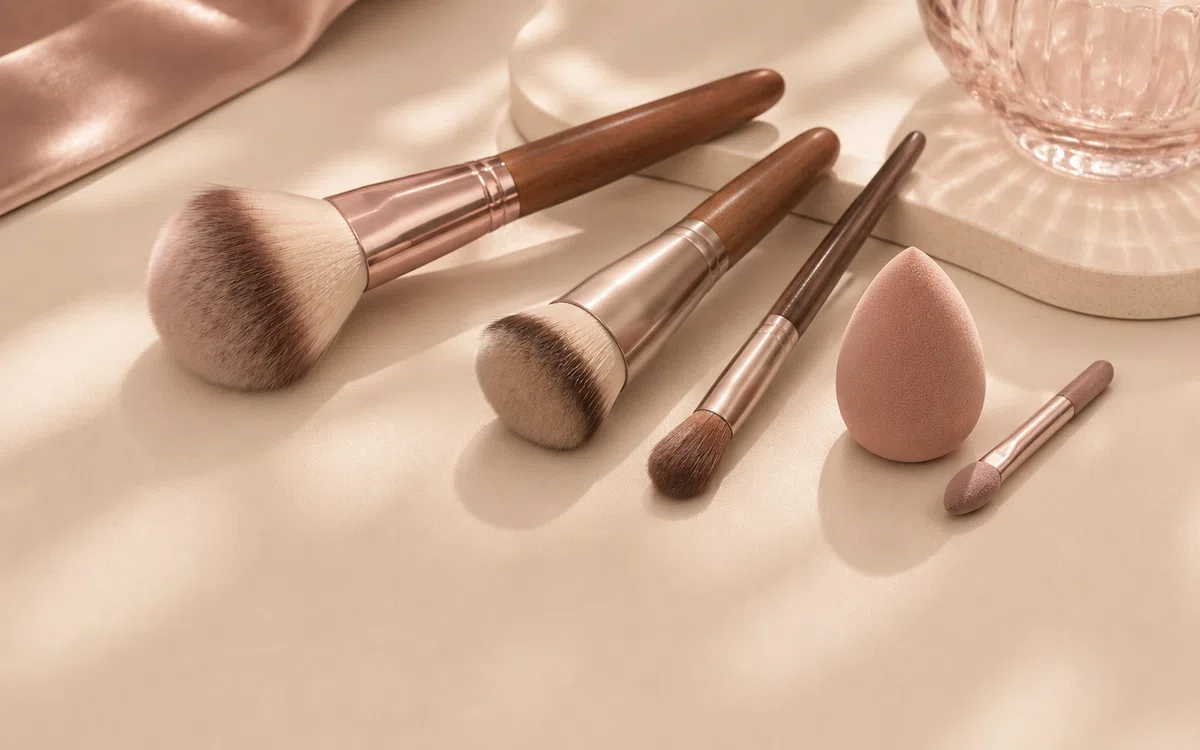 Brushes, sponge, and editorial makeup tools arranged on a warm ivory surface.