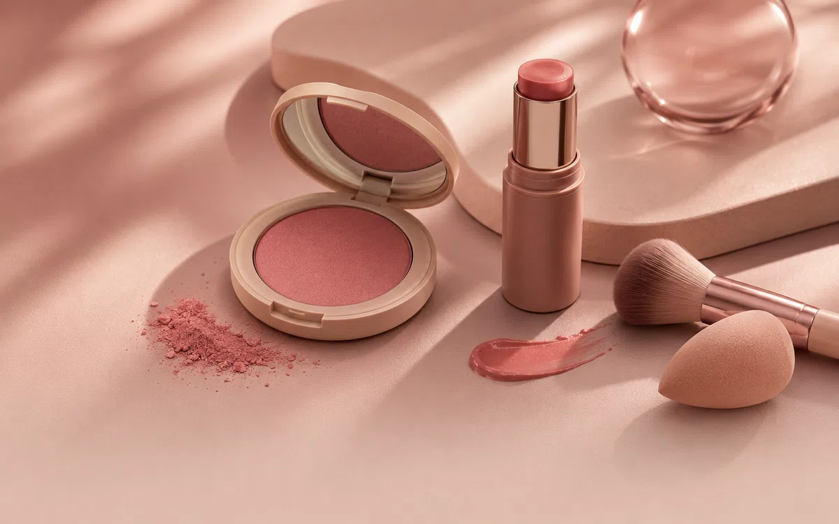 Blush textures and color products styled to suggest cheek-format comparison.