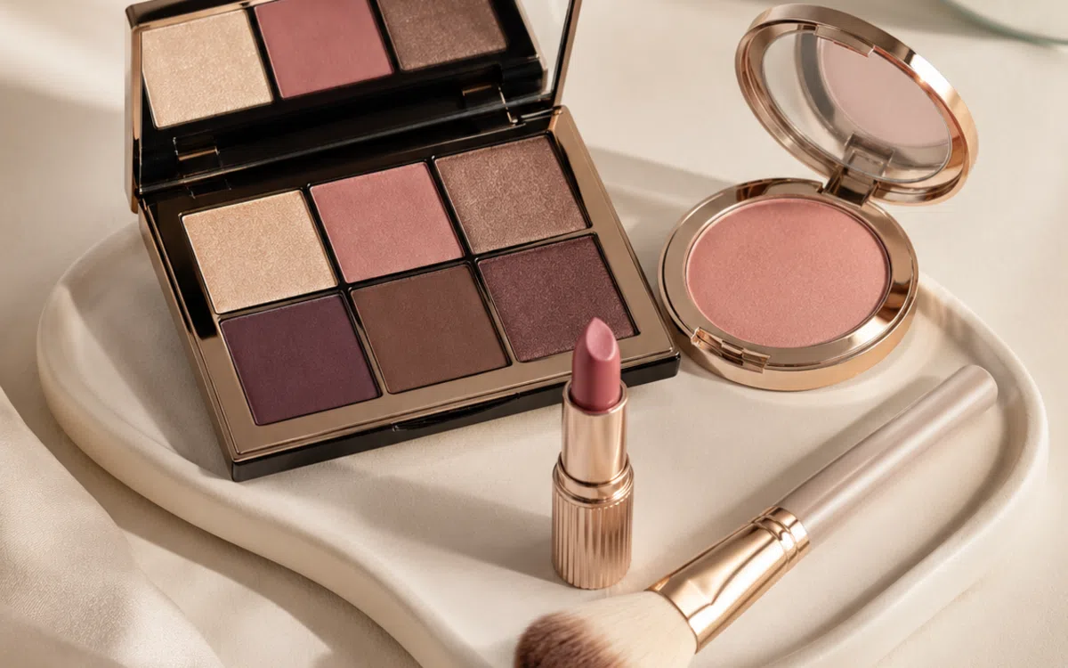 Everyday makeup essentials presented as a quick morning routine edit.